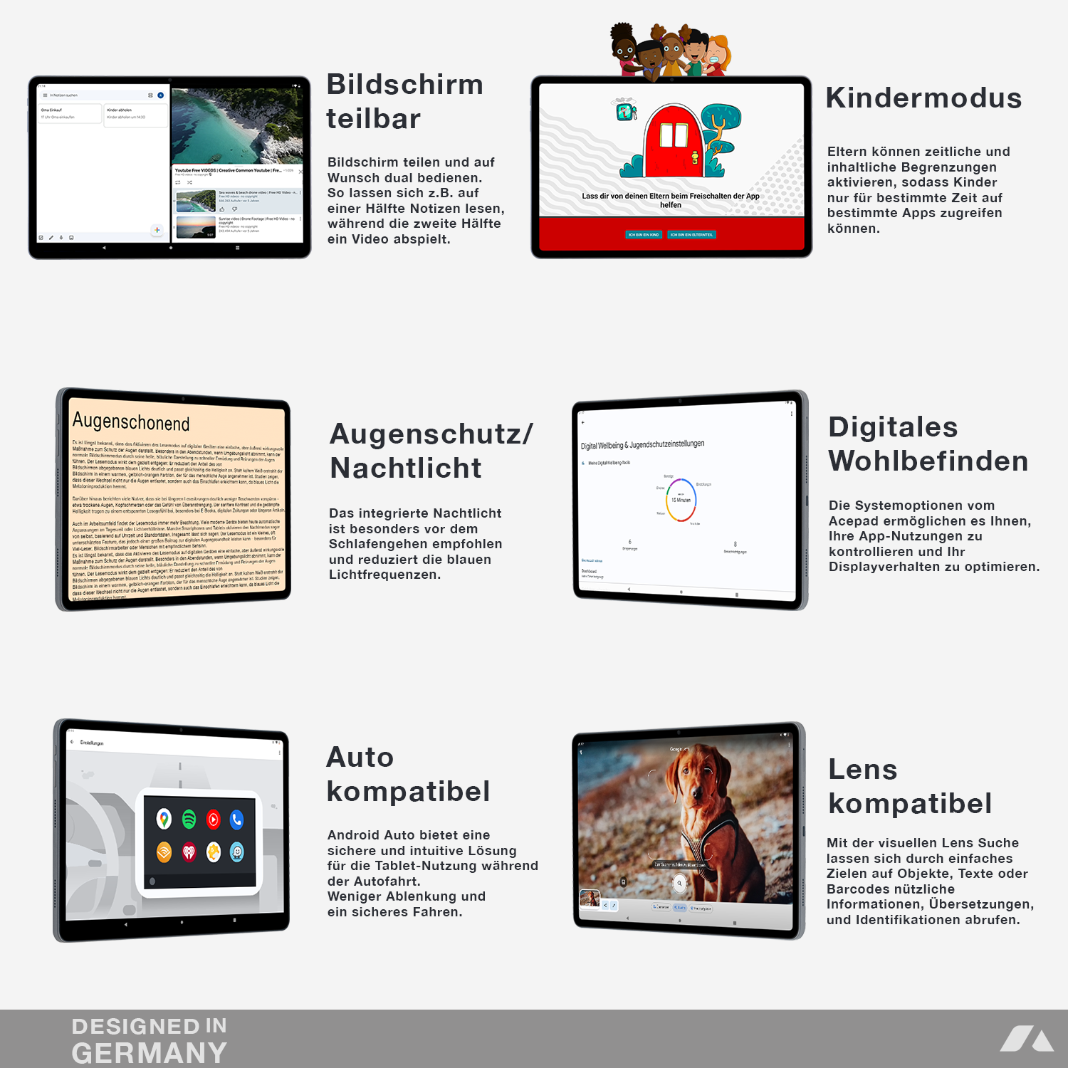 Tablet mit verschiedenen Funktionen, darunter geteilter Bildschirm, Kindermodus, Augenschutz und Auto-kompatible Funktionen.