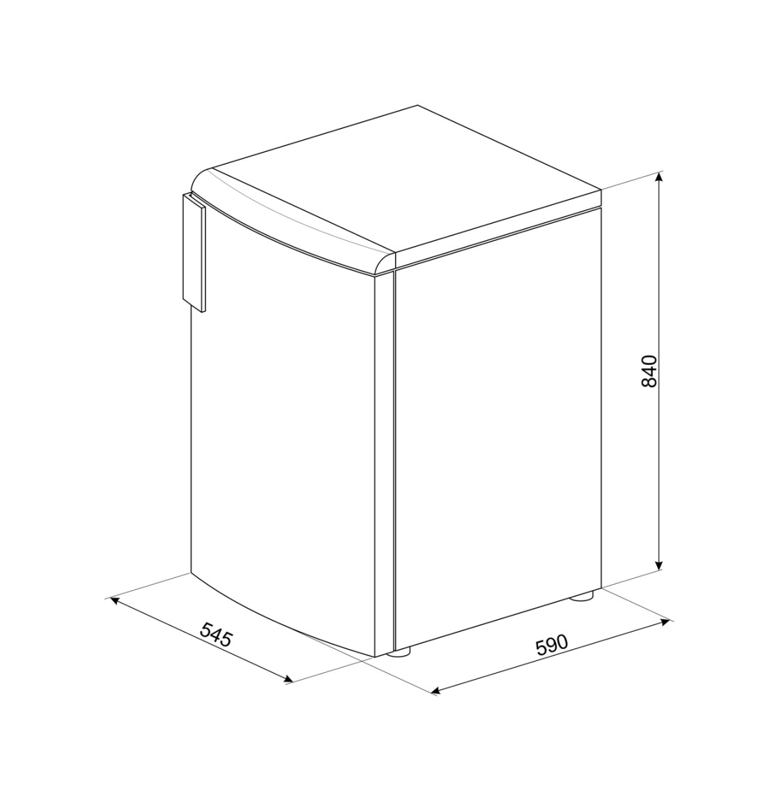 Vista isometrica di un frigorifero bianco con dimensioni, disegno a contorno, su sfondo bianco.