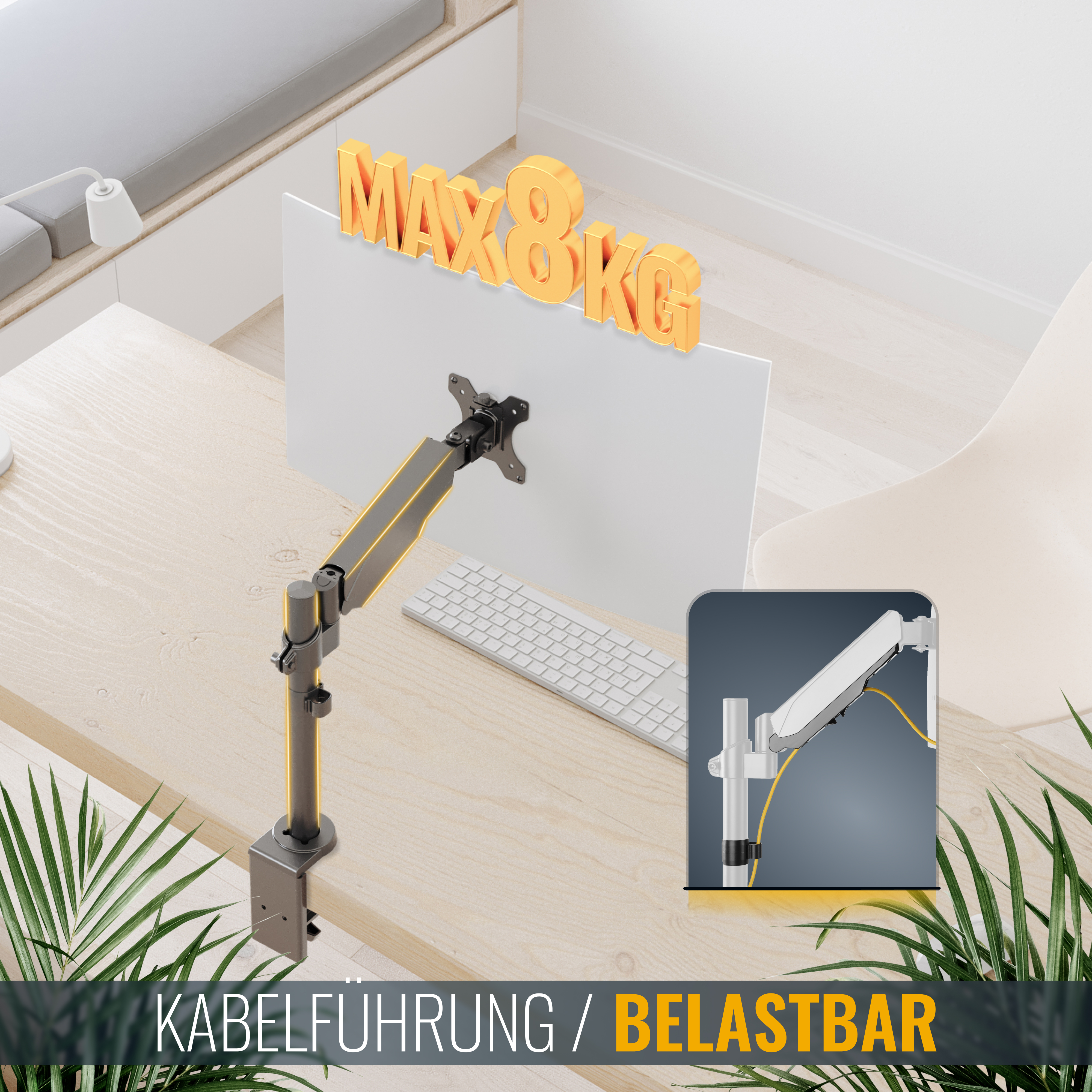 Ein Monitorarm-Diagramm mit Maßen und Montage-Details.