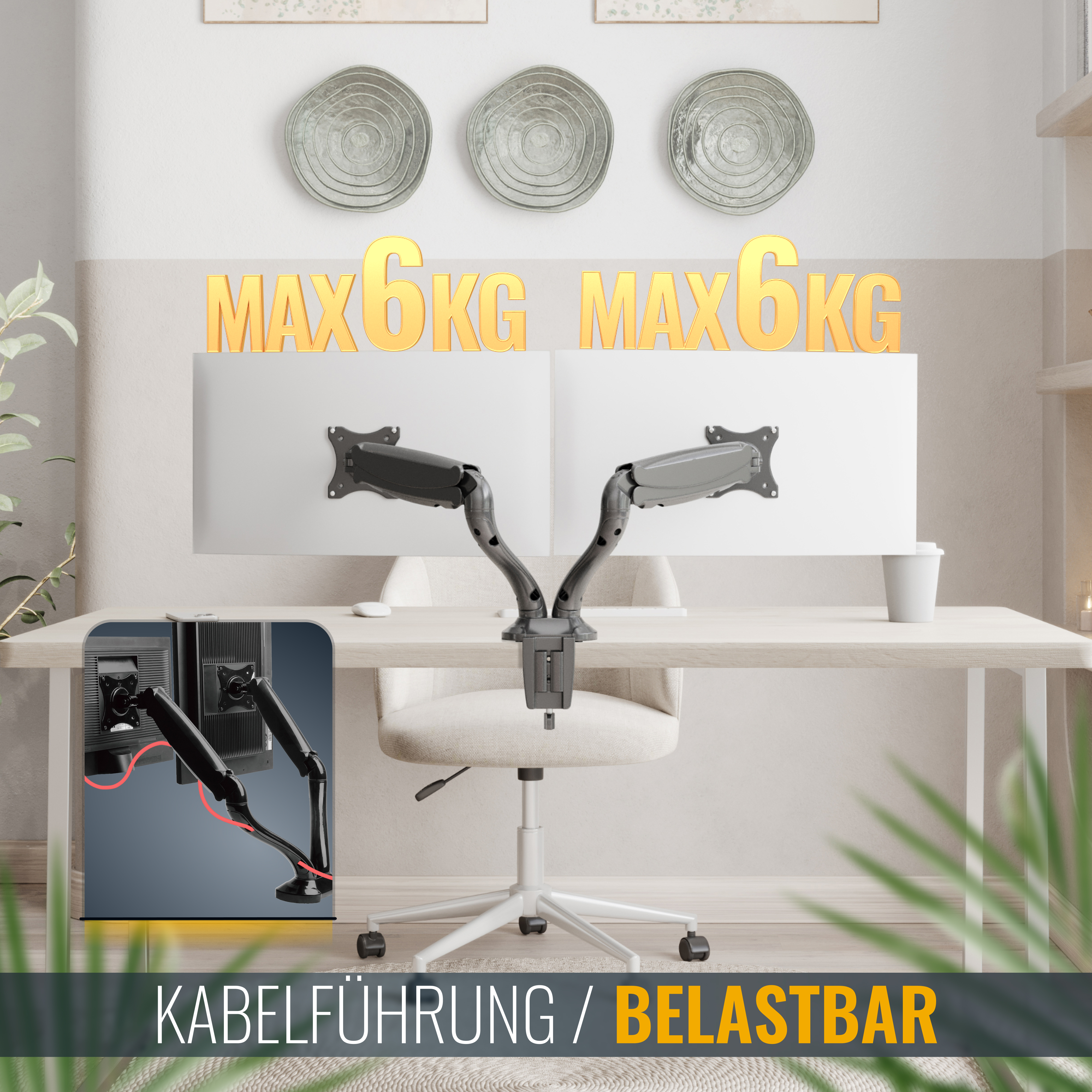 Ein Monitorarm, der einen Monitor trägt, mit 'MAX 8 KG' angezeigt.