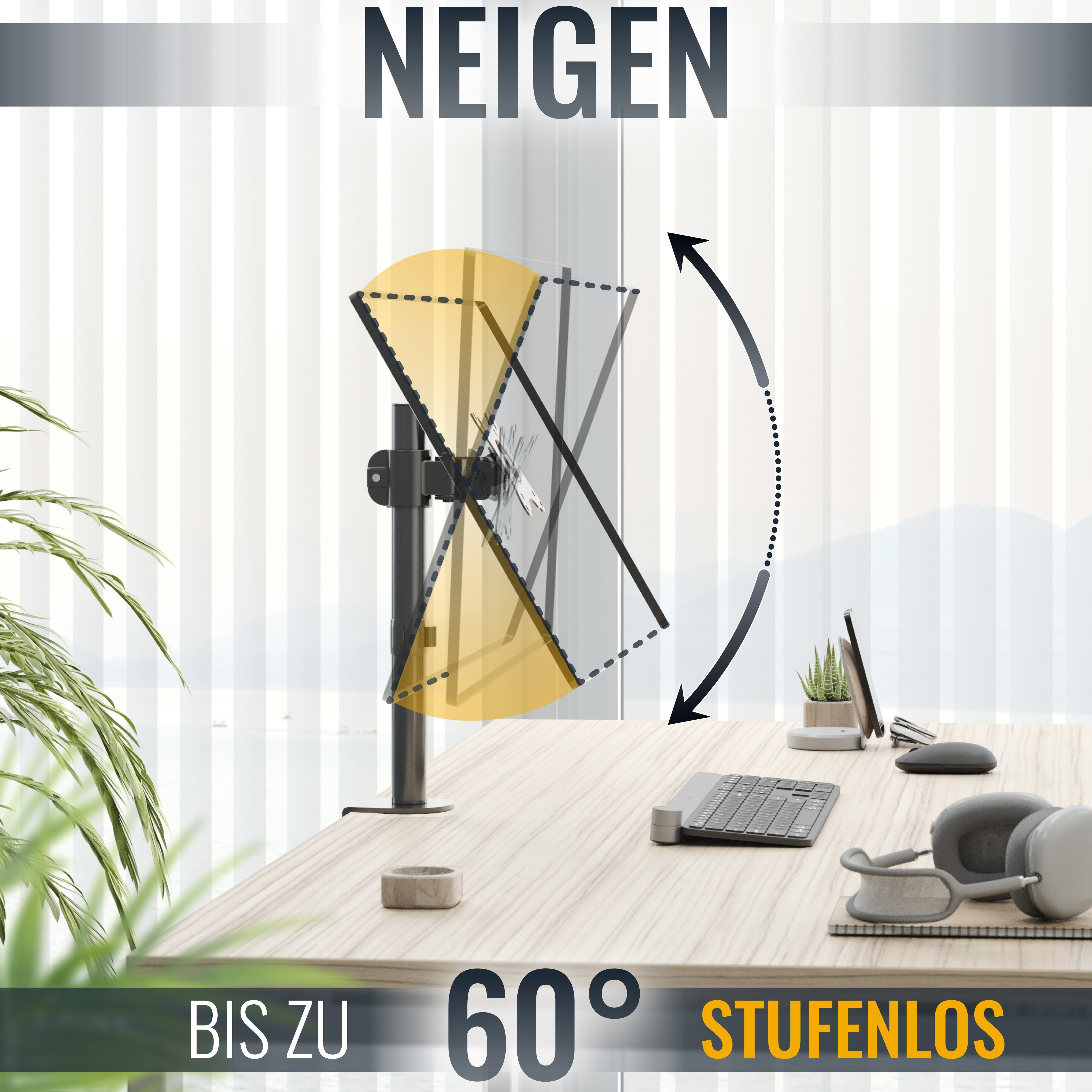 Das Bild zeigt eine Monitorhalterung auf einem Schreibtisch, die in einem Winkel von 60 Grad geneigt ist, mit Büromaterial.