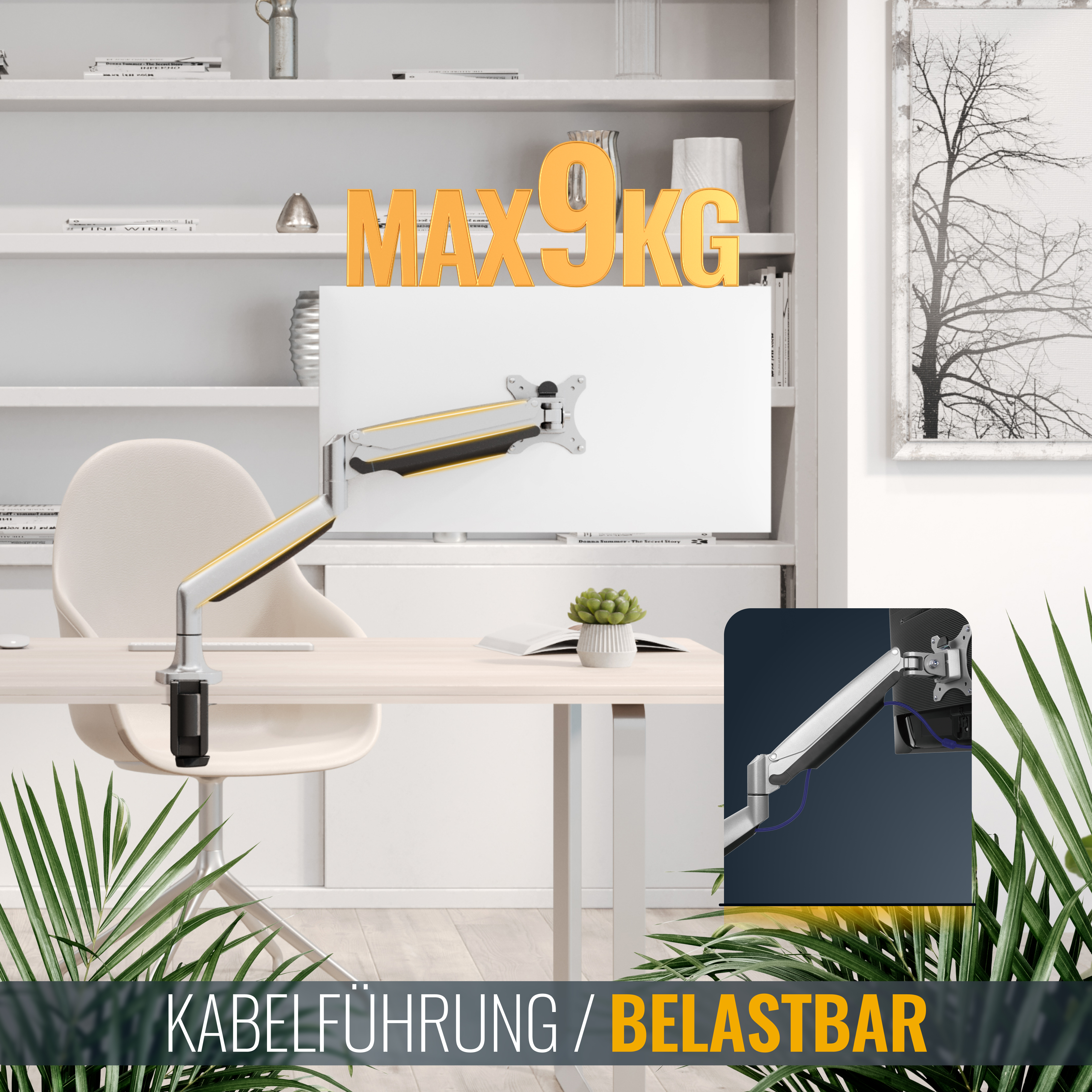 Ein Diagramm eines Monitorarms mit Maßen und Winkeln.