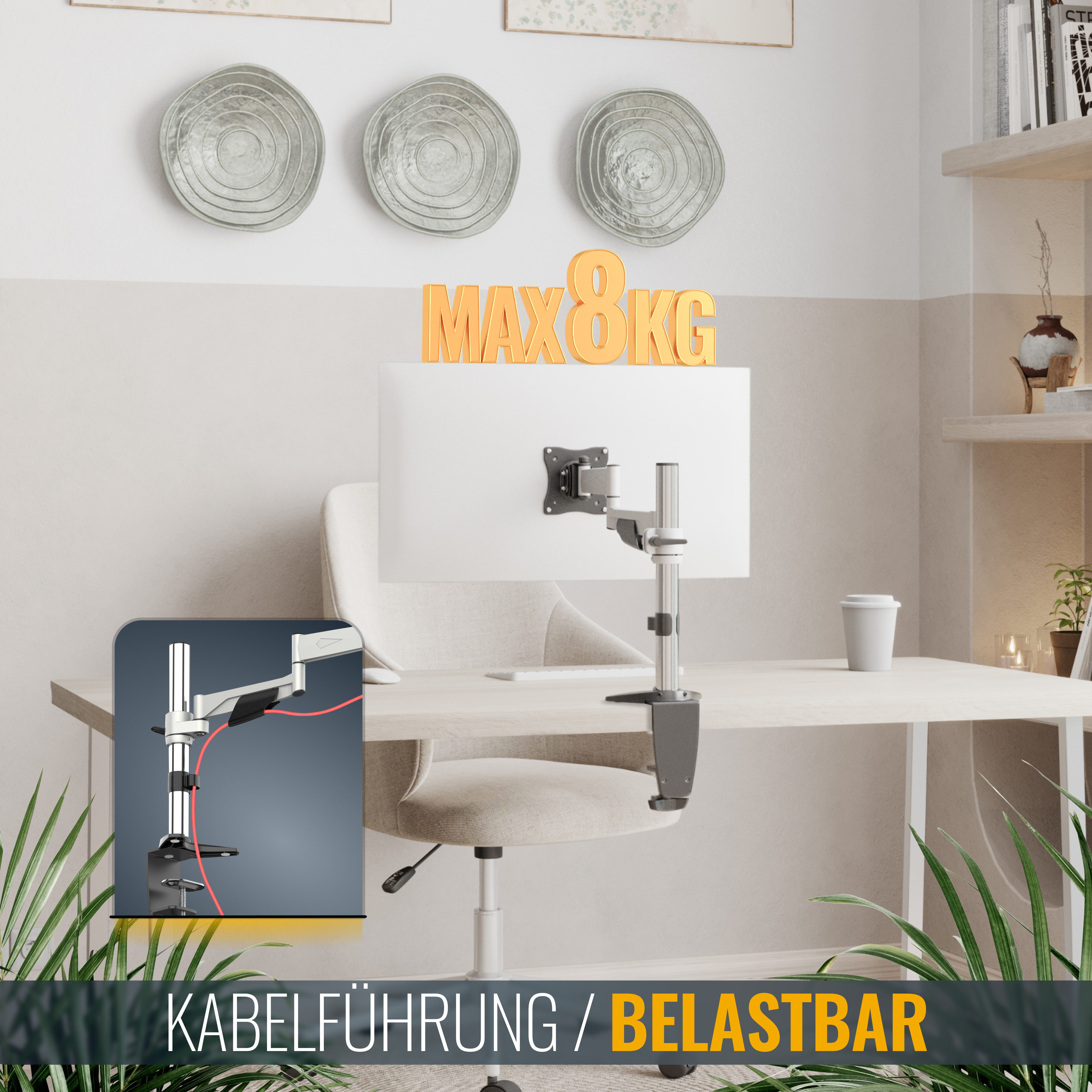 Weiße Monitorhalterung mit maximaler Tragfähigkeit auf einem hellen Schreibtisch mit Stuhl und dekorativer Wandkunst.