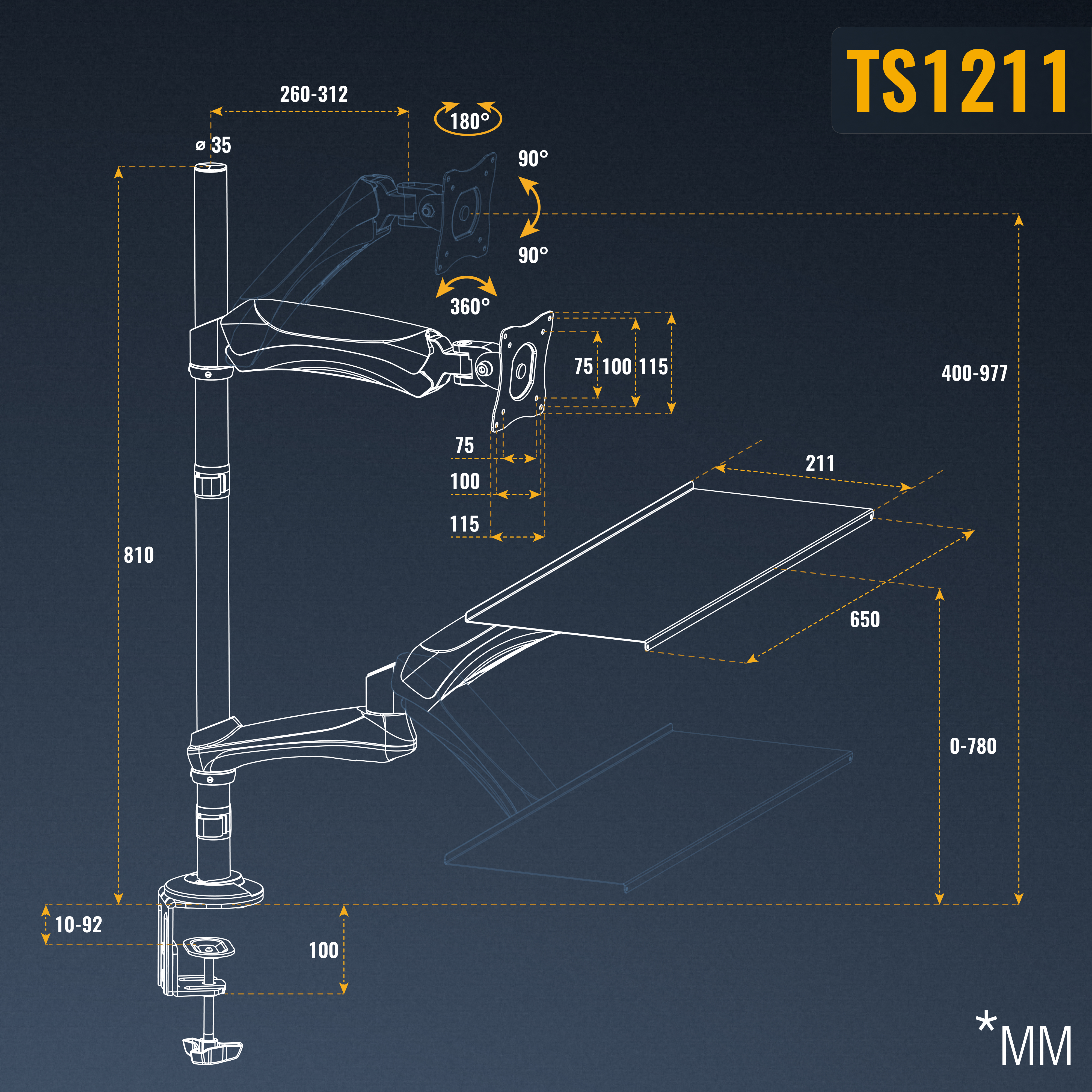 Das Bild zeigt eine technische Zeichnung eines Monitorarms, die Abmessungen und Winkel darstellt.