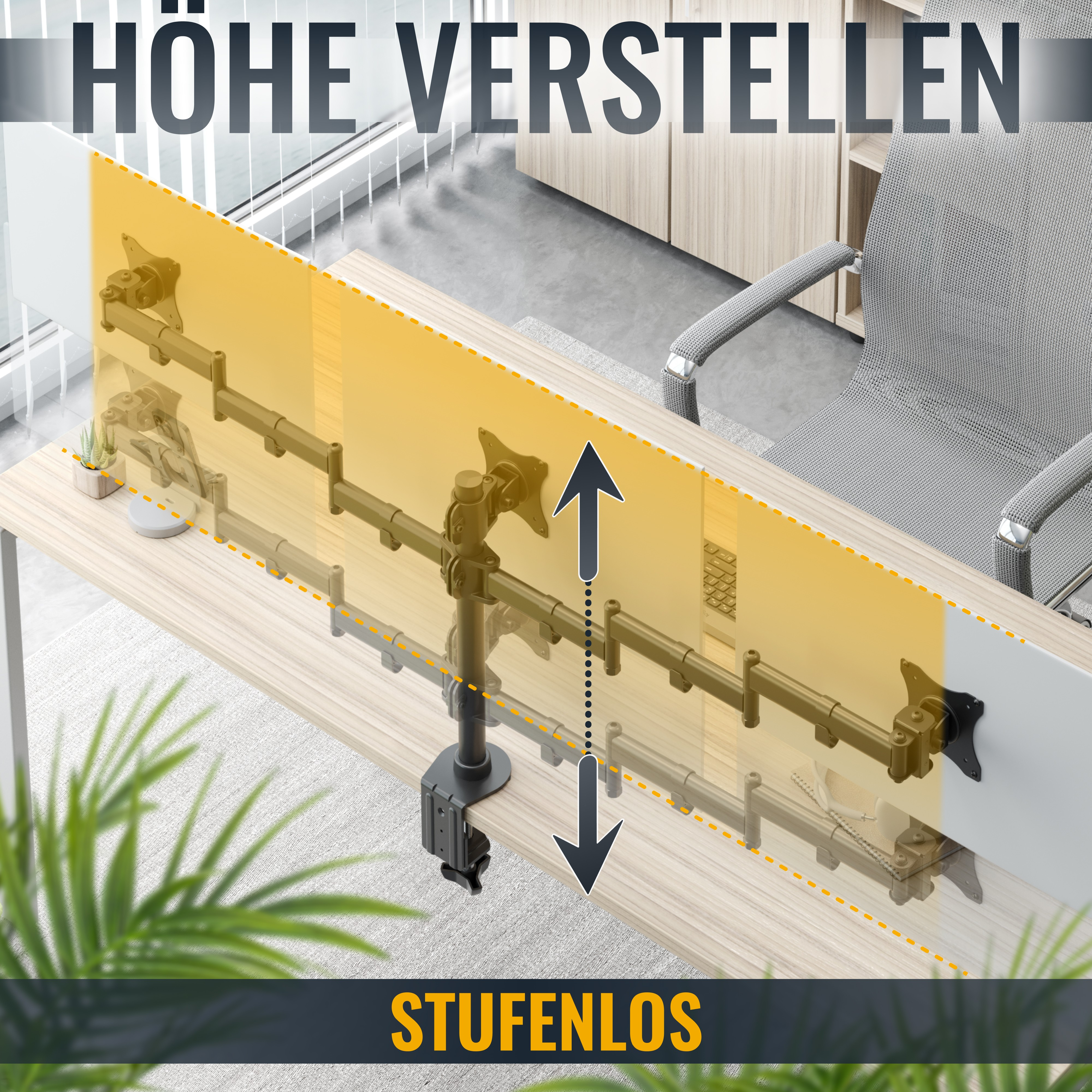 Dreifache Monitorhalterung auf einem Schreibtisch, höhenverstellbar, ergonomische Einrichtung, Kabelmanagement und ein bequemer Bürostuhl.