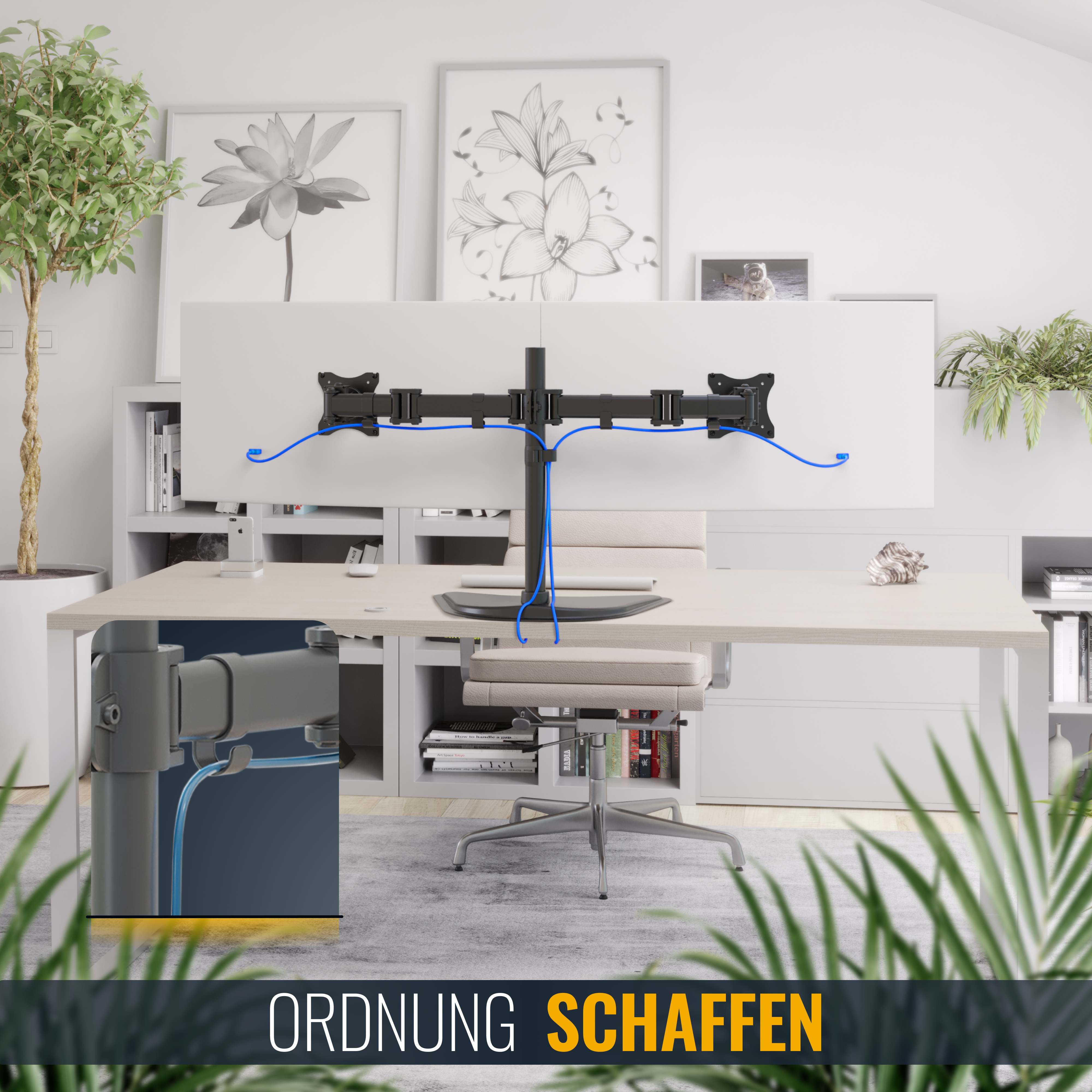 Zwei Monitore, die auf einer Tischhalterung mit sichtbaren blauen Kabeln montiert sind, zeigen das Kabelmanagement in einem Büro.