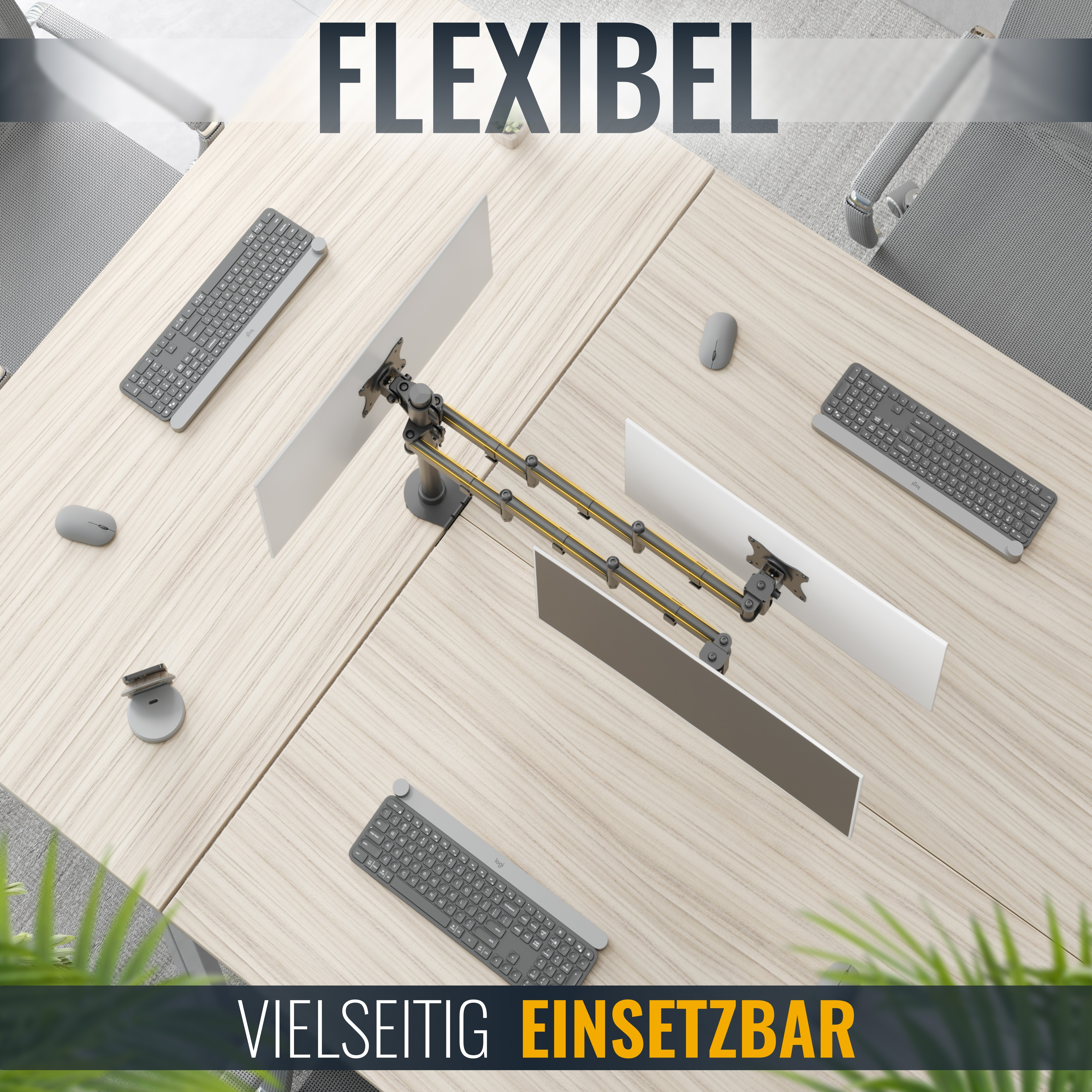 Zwei Monitore, die mit blauem Kabelmanagement an einer Tischhalterung montiert sind, und eine moderne Büroumgebung.