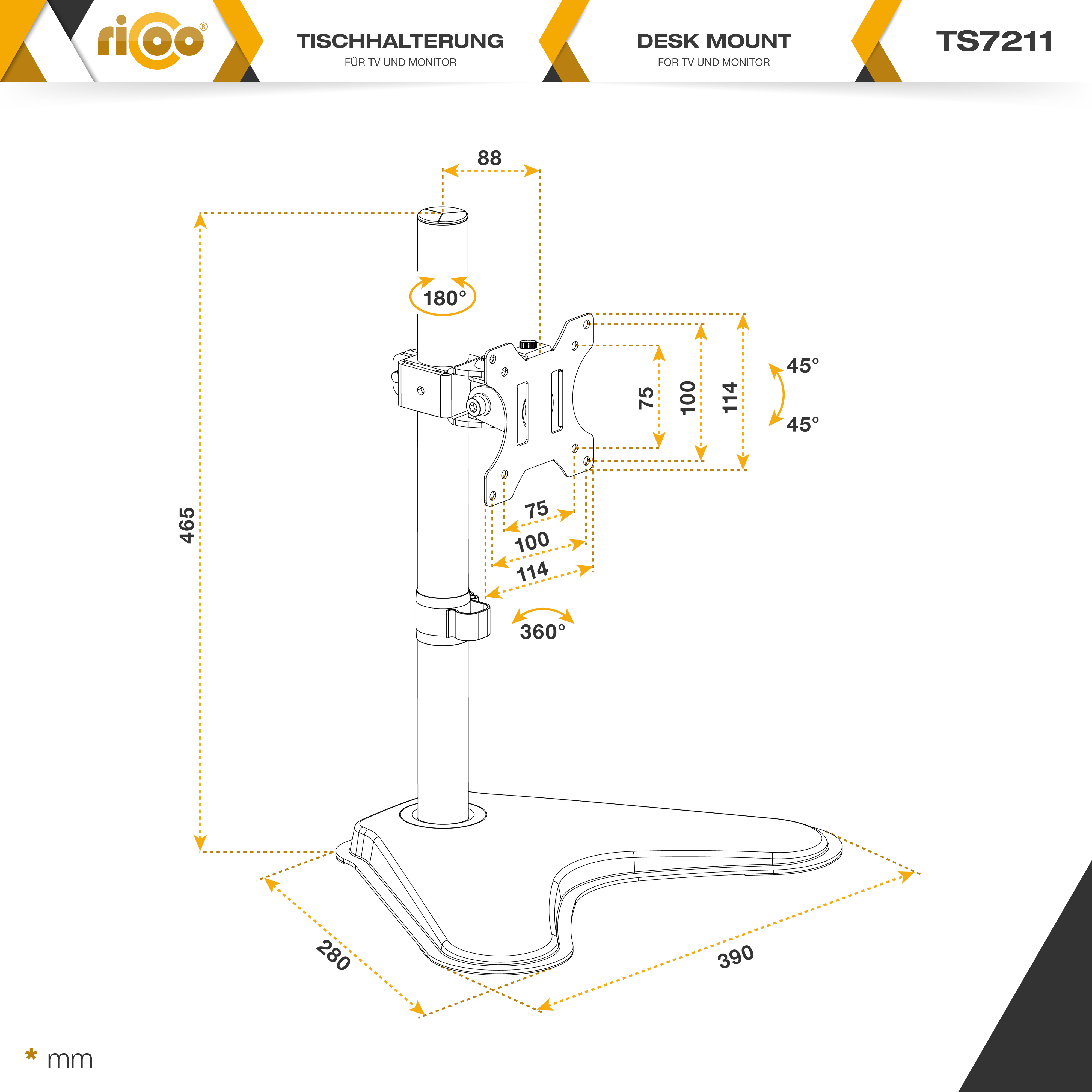 Diagramm einer einzelnen Monitor-Tischhalterung mit Abmessungen und Einstellbereich.