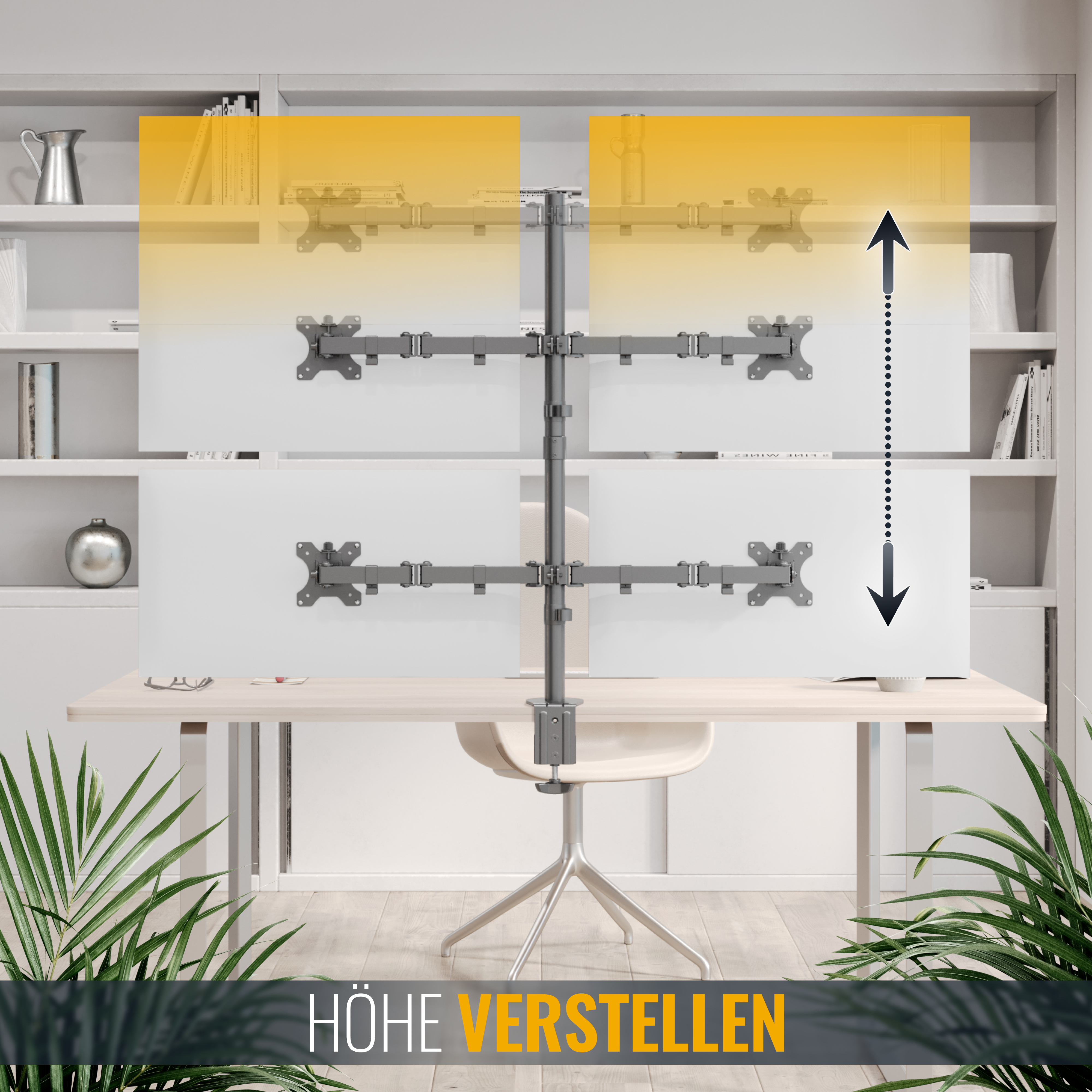 Dual-Monitor-Setup mit einstellbarer Höhe, das vier Bildschirme auf einem Schreibtisch mit Pflanzen und einer weißen Bücherregal-Kulisse zeigt.