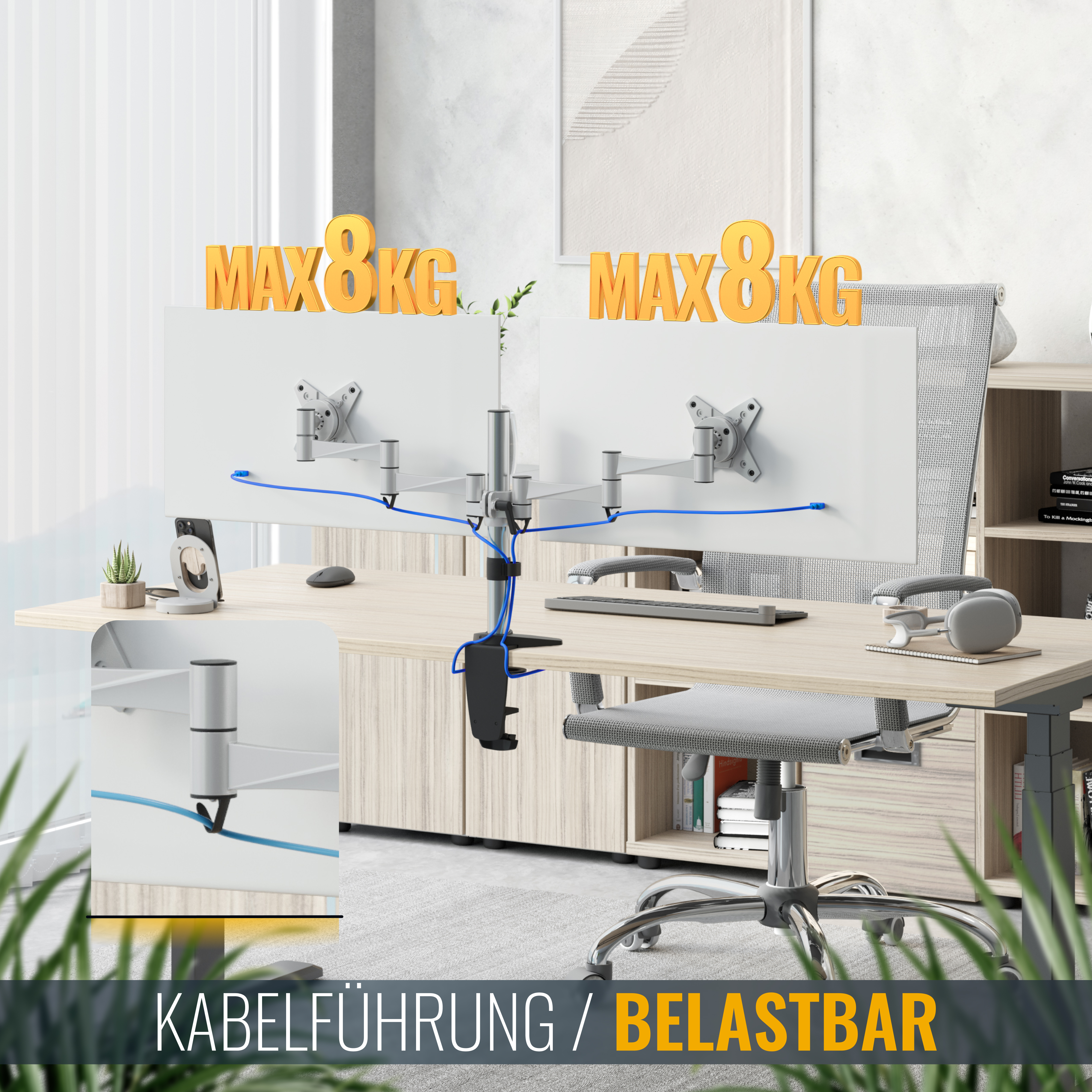 Ein Setup mit zwei auf einem Schreibtisch montierten Monitoren, das Kabelmanagement und einen Stuhl zeigt, mit einer maximalen Gewichtsgrenze von 8 kg.