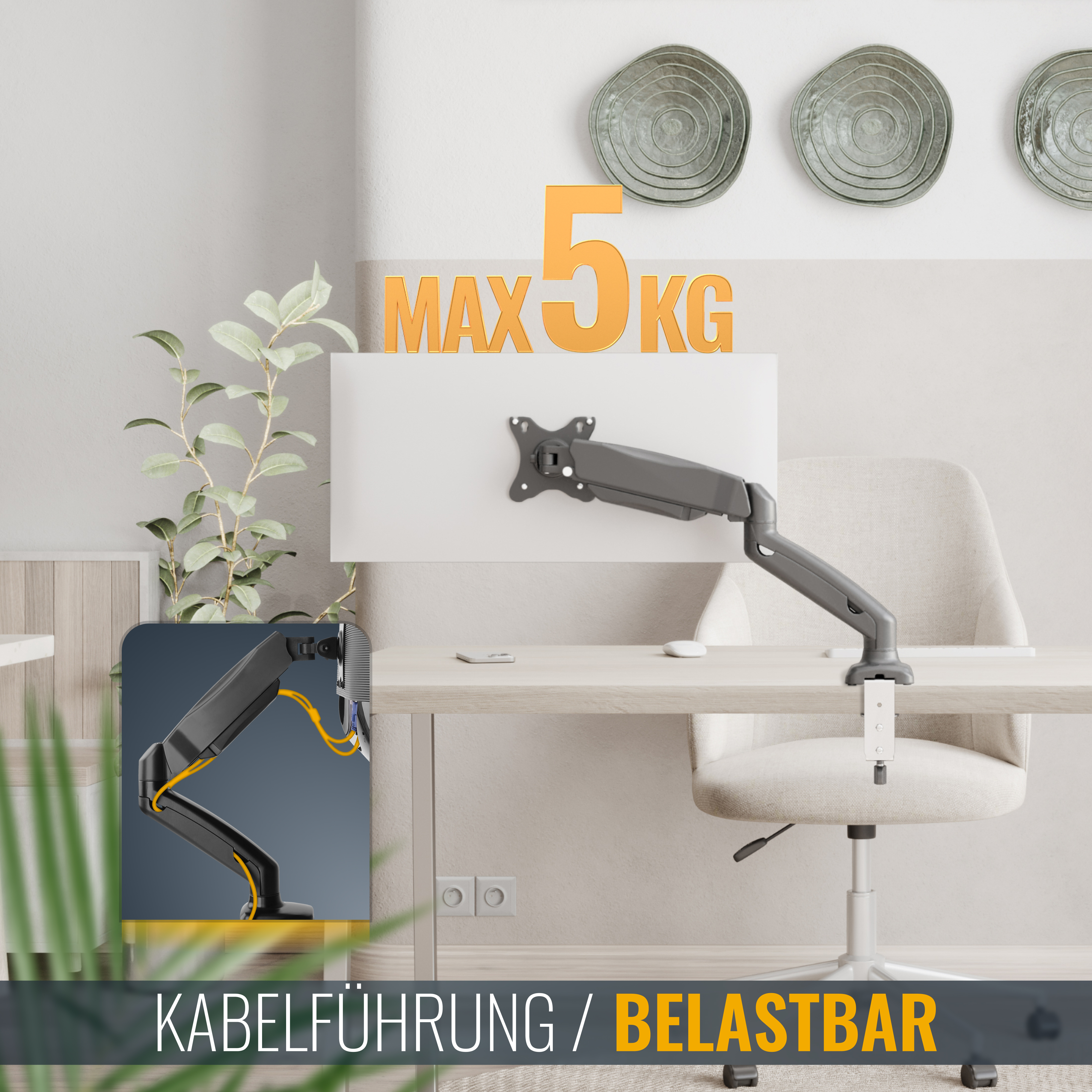 Ein auf einem Schreibtisch montierter Monitor mit Kabelmanagement, der ein maximales Gewichtslimit von 5 kg in einer Büroumgebung aufweist.