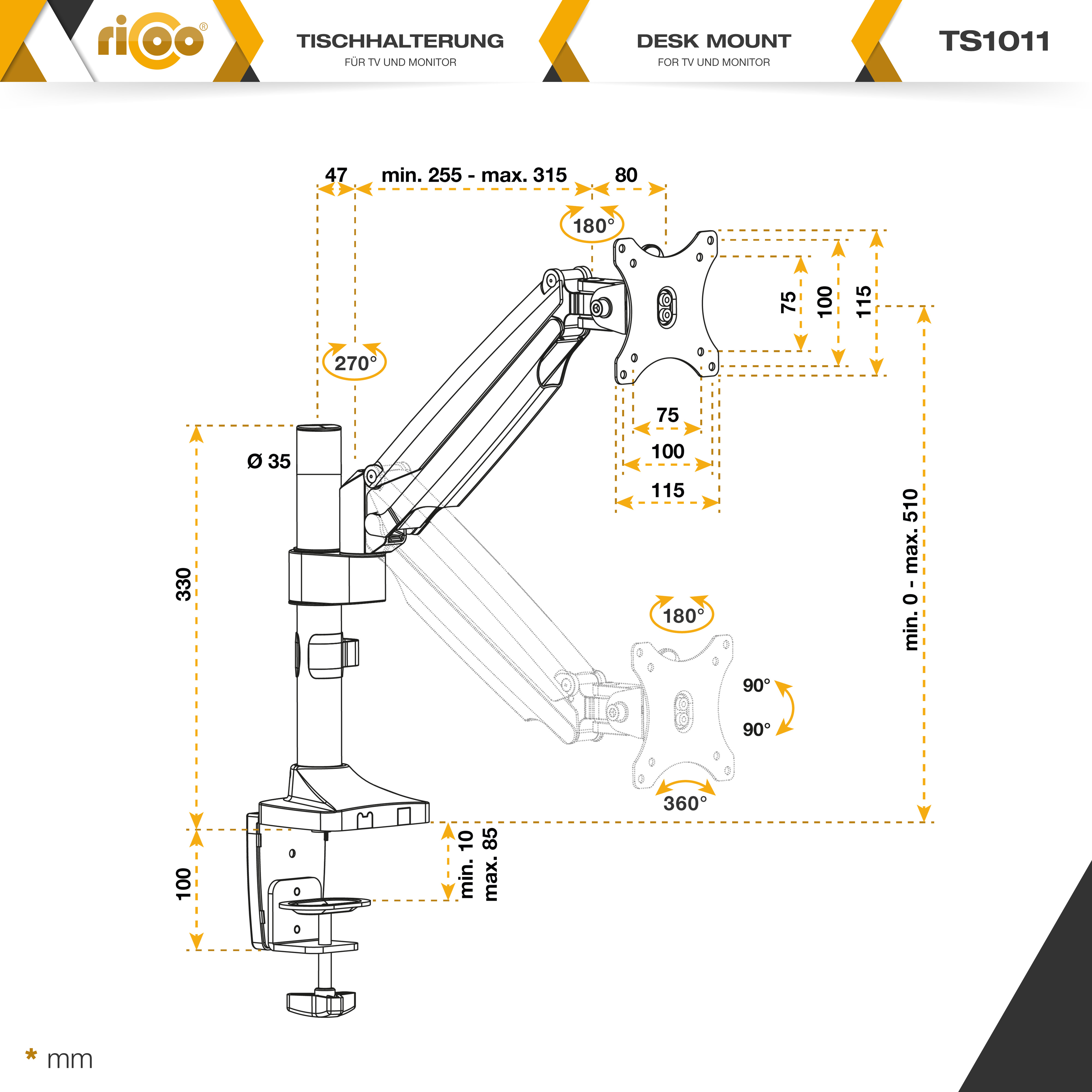 Diagramm einer Monitor-Tischhalterung mit Abmessungen, Drehwinkeln und VESA-Kompatibilität, mit schwarzen Linien auf Weiß.