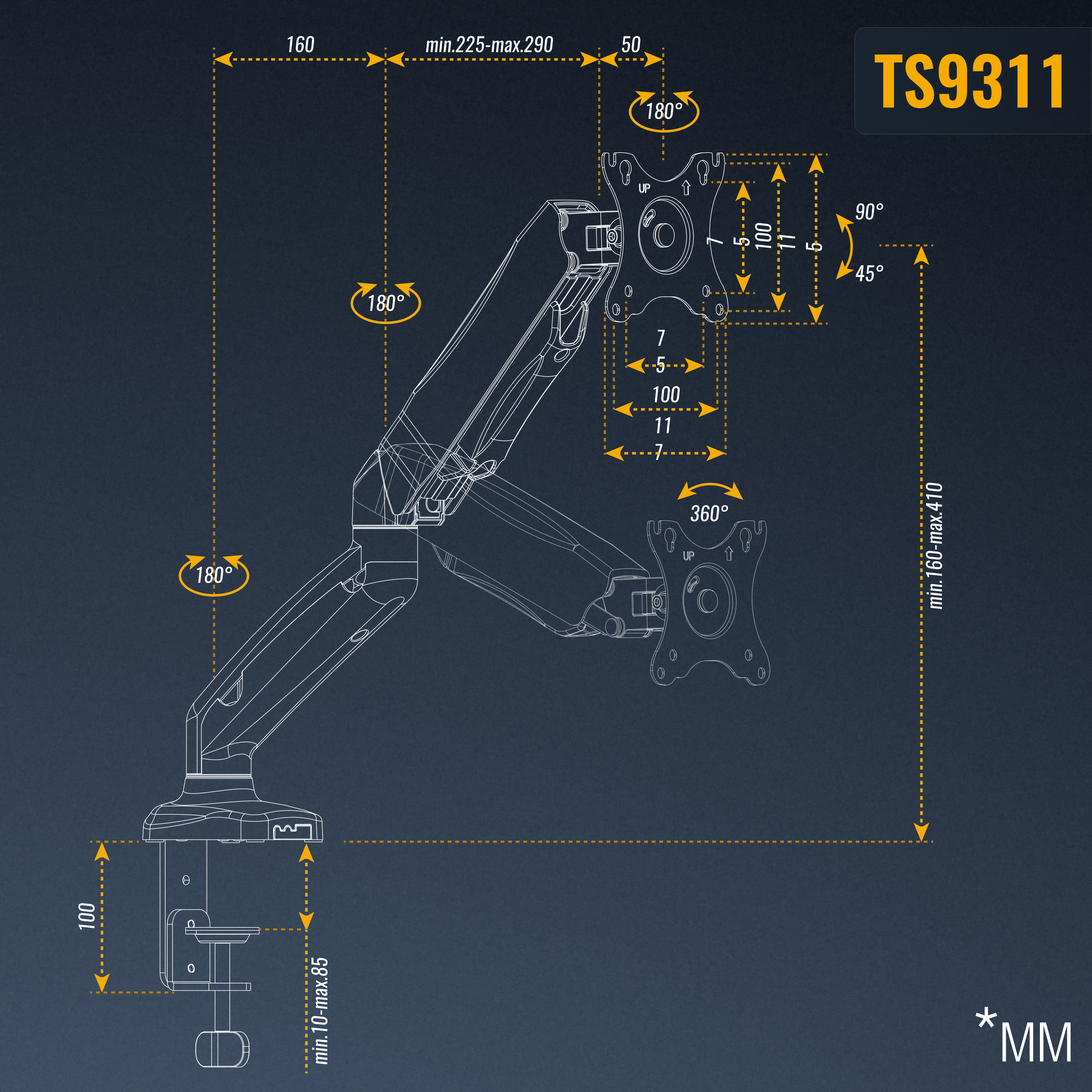 Ein Diagramm eines Monitorarms mit Abmessungen und Winkeln auf dunklem, blauem Hintergrund.