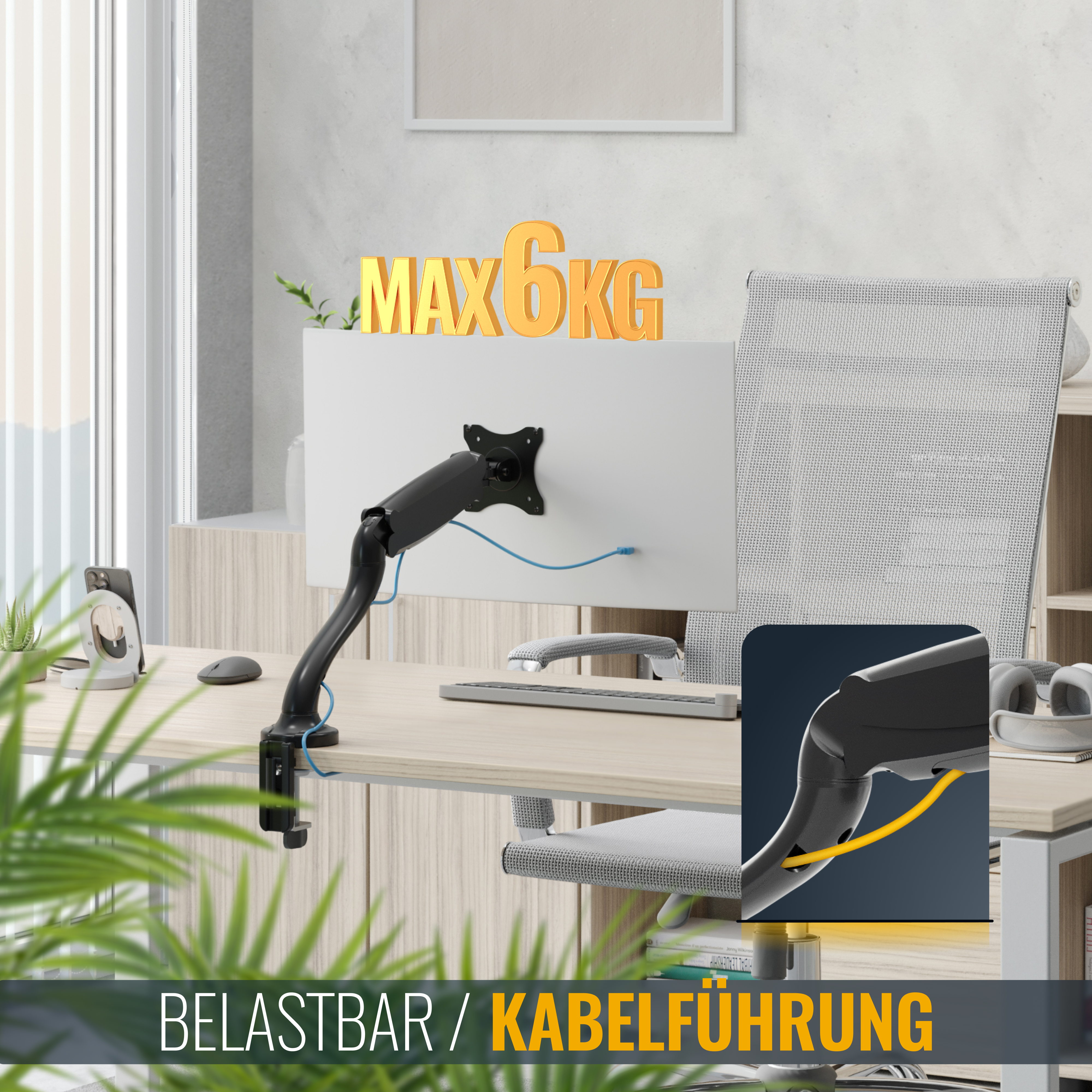 Ein Monitor auf einem Schreibtisch mit Kabelmanagement, der ein maximales Gewichtslimit von 6 kg und einen Stuhl mit Pflanzen zeigt.