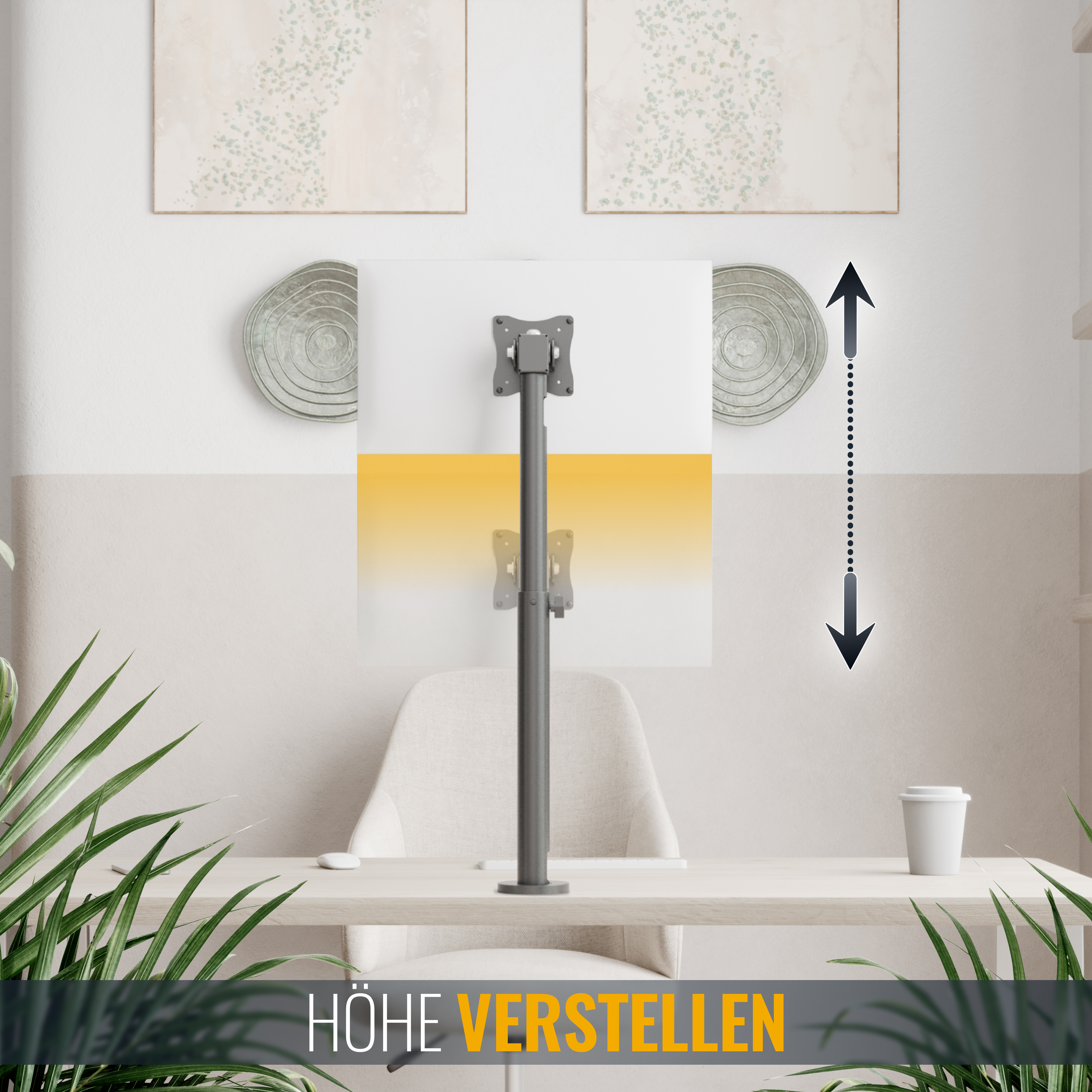 Ein Monitorarm mit Höhenverstellung, mit weißem Bildschirm und Schreibtisch. Der Text lautet "HÖHE VERSTELLEN".