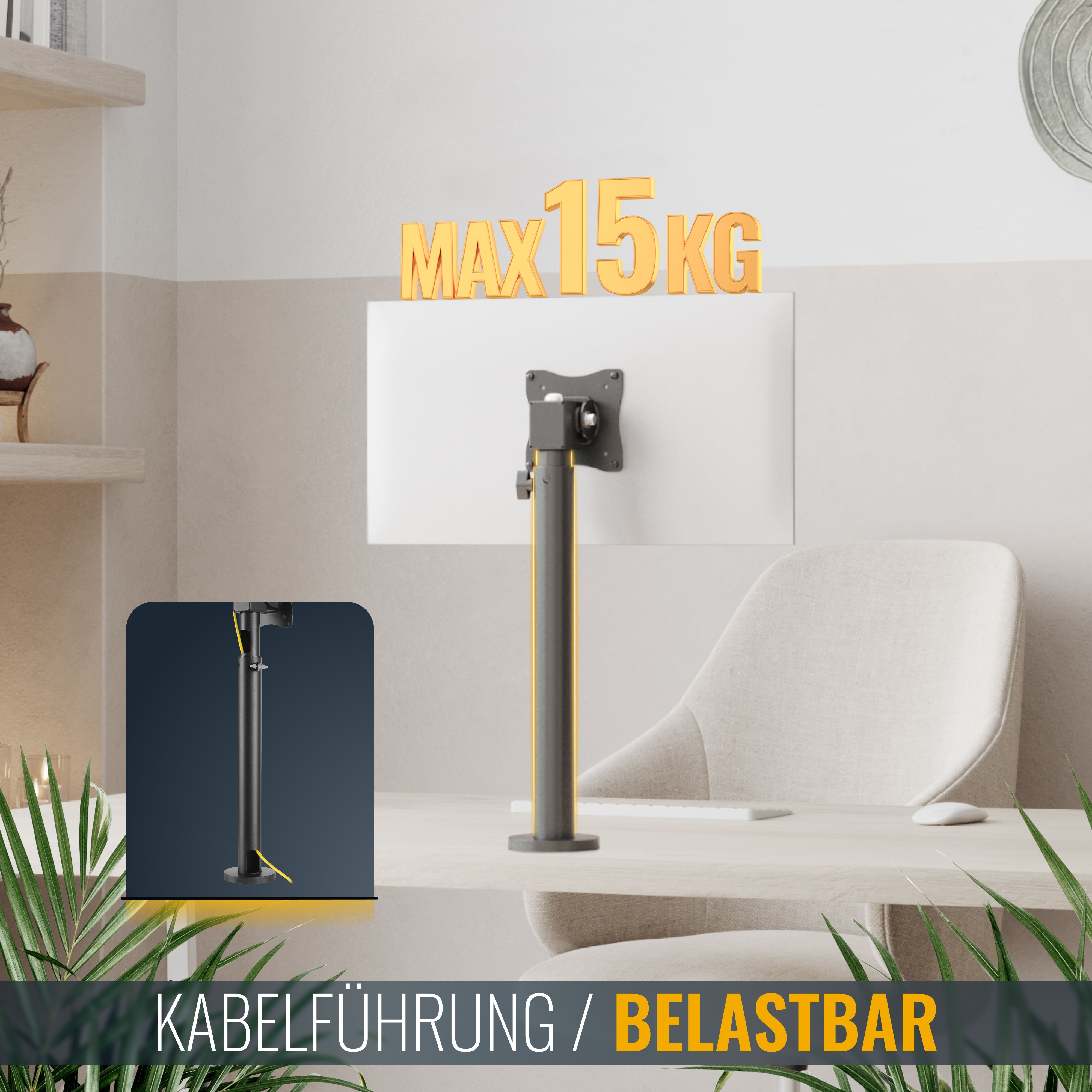 Ein Monitorarm hält einen Bildschirm, max. 15 kg. Eine kleine Illustration zeigt Kabelführung.