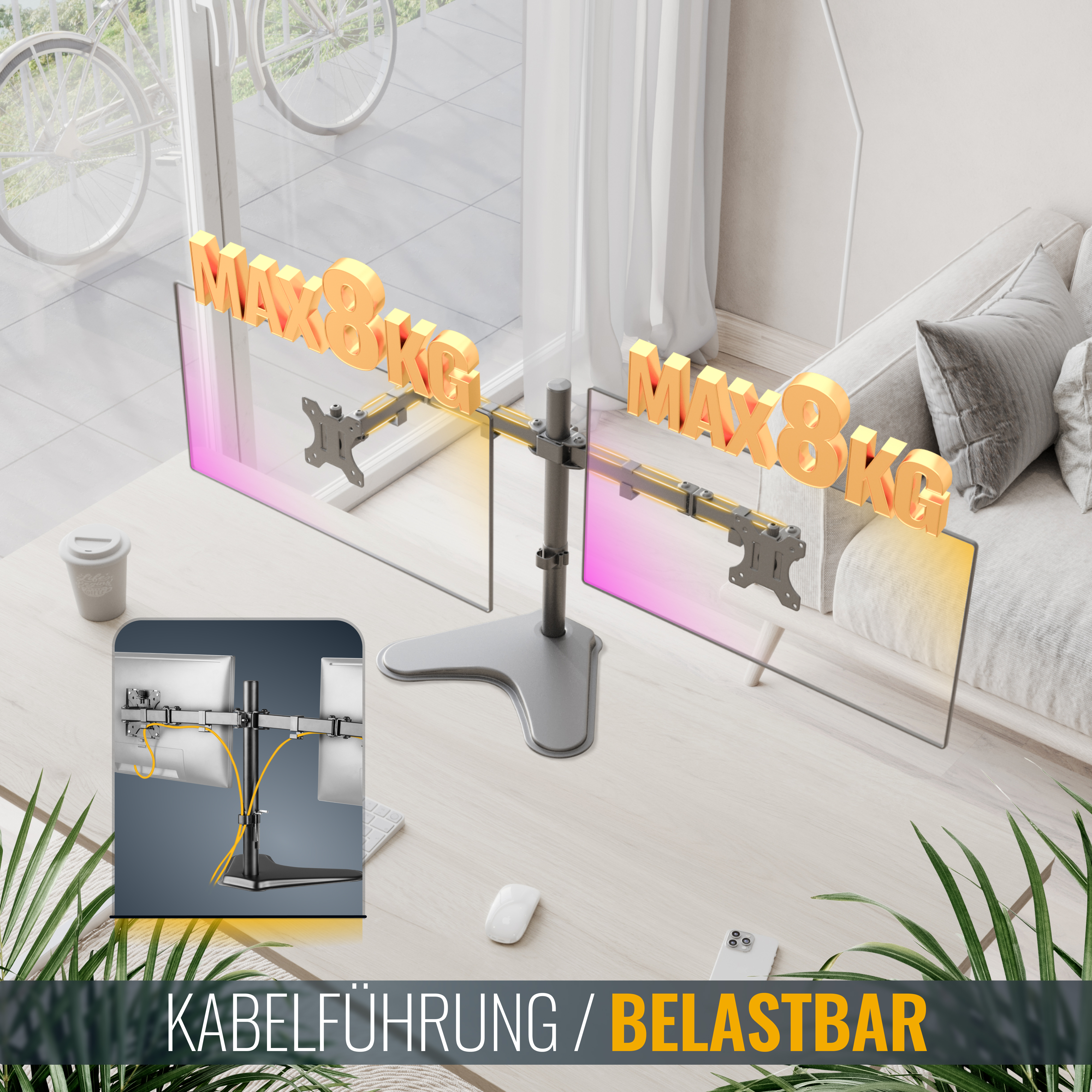 Zwei Monitore auf einer Tischhalterung mit Kabelmanagement, die jeweils bis zu 8 kg tragen können, in einer modernen Umgebung.