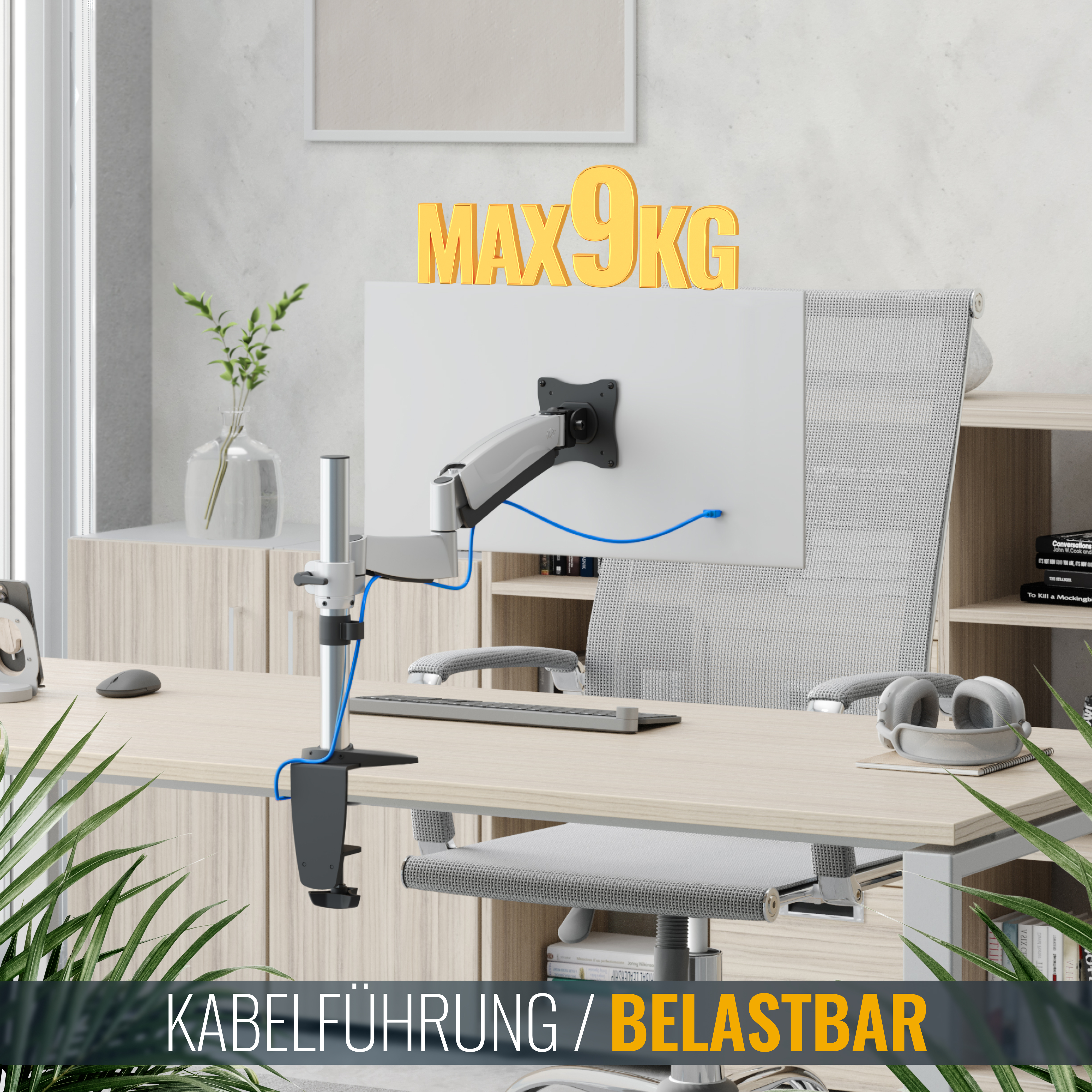 Ein Monitorständer auf einem Schreibtisch. Ein Monitor ist montiert und die Kabelführung hervorgehoben.