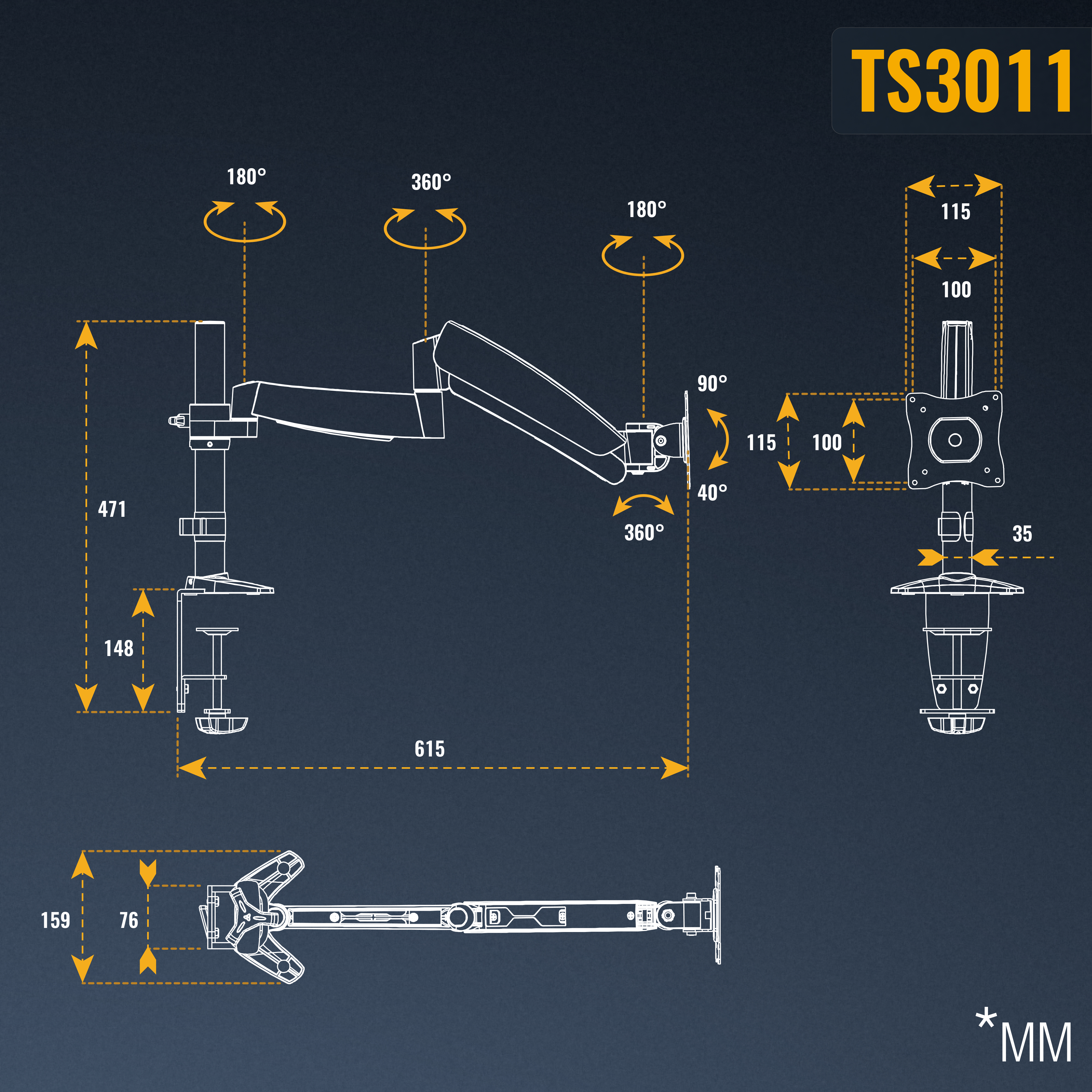 Diagramm eines Monitorarms mit Maßen in Millimetern, auf dunklem Hintergrund.