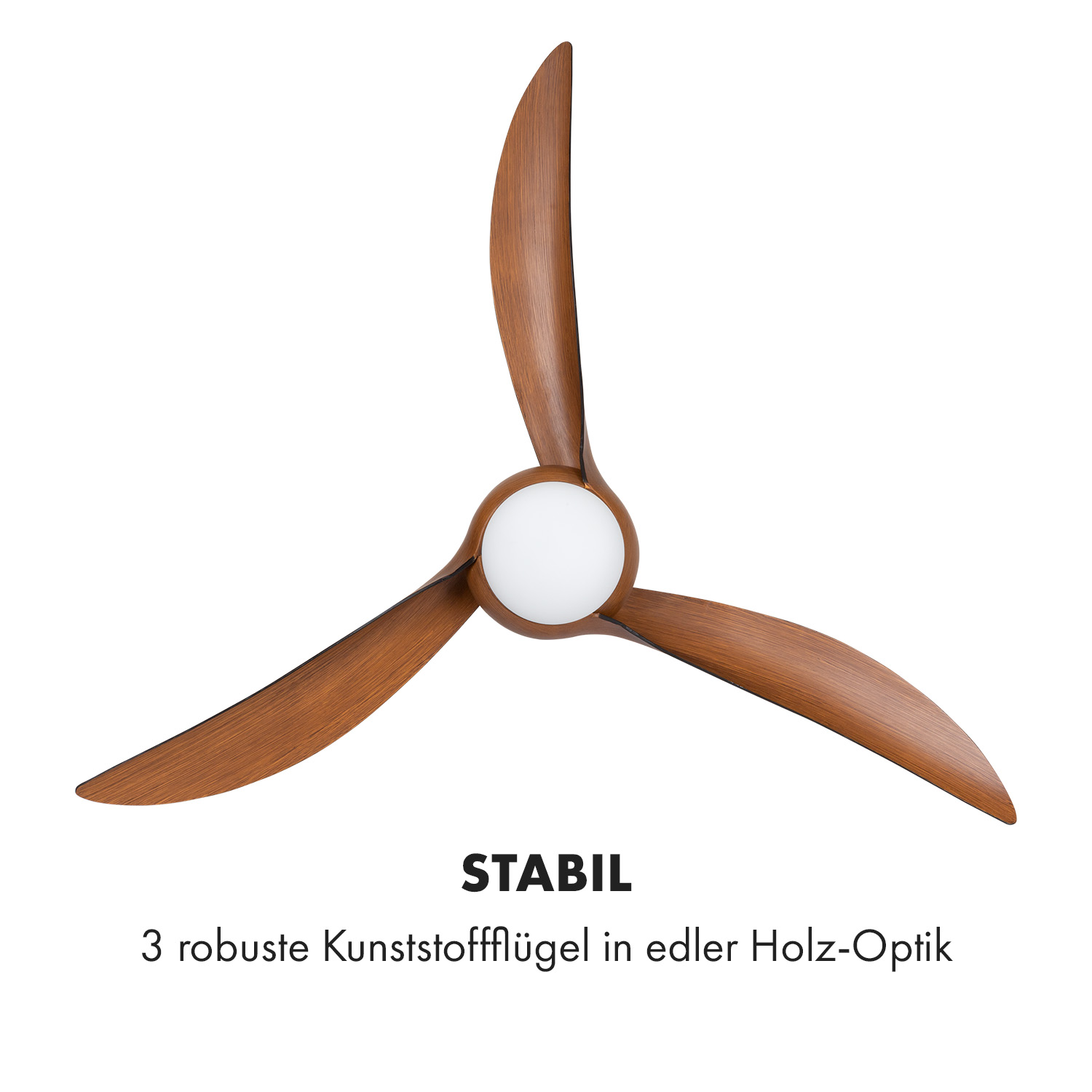 Un ventilatore da soffitto con tre pale effetto legno e luce centrale, su sfondo bianco.