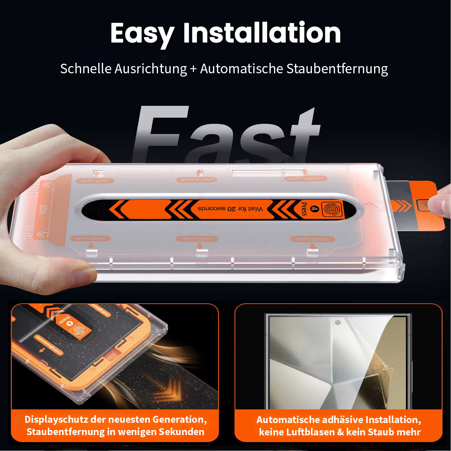 Hand hält ein Installationskit für eine Telefon-Displayschutzfolie. Text beschreibt einfache Installation und Staubentfernung.