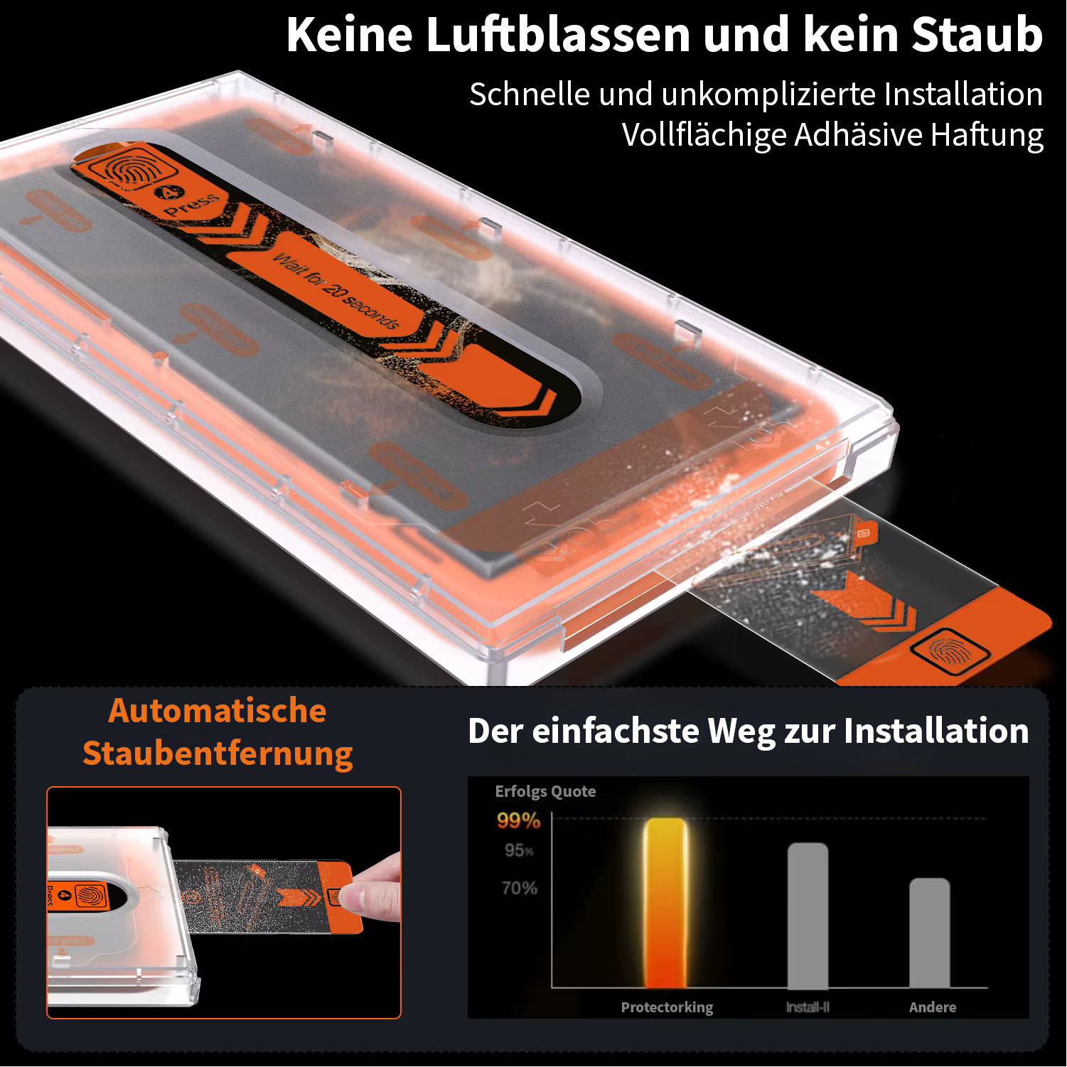 Installationskit für eine Displayschutzfolie, mit Grafiken zur blasen- und staubfreien Installation.