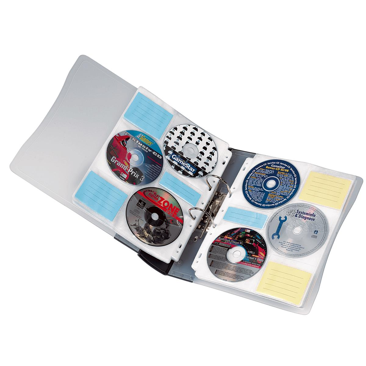 Ein offenes CD-Etui mit CDs und Haftnotizen. Die CDs haben Etiketten mit Text und Grafiken, einige sind in Hüllen.