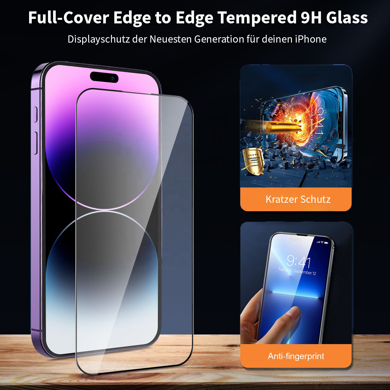 Ein Telefon mit angebrachtem Displayschutz. Text sagt 'Full-Cover Edge to Edge Tempered 9H Glass' und Merkmale.
