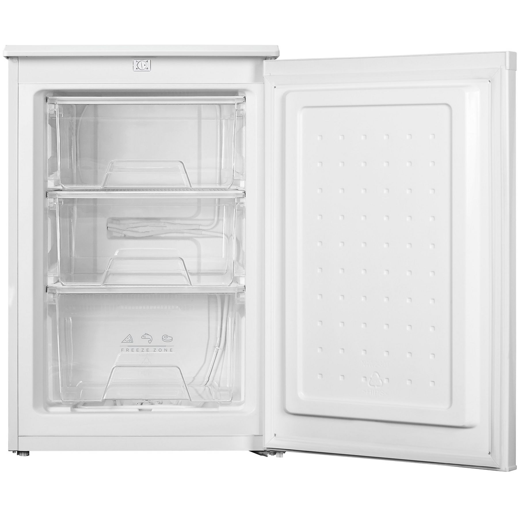 Un congelatore bianco con la porta aperta. Tre cassetti trasparenti visibili all'interno. Anche l'interno della porta è bianco.