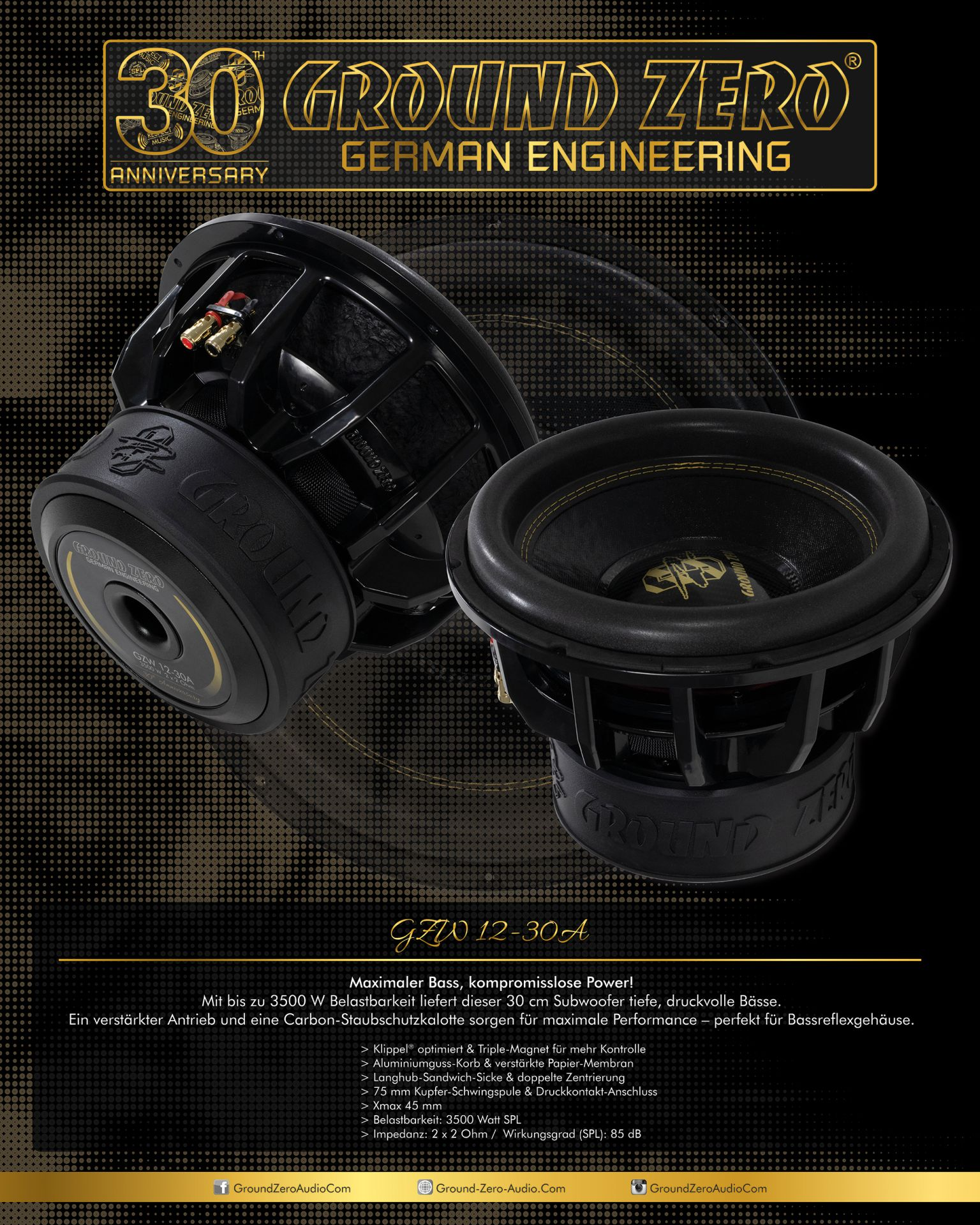 Schwarze Ground Zero Subwoofer-Lautsprecher. Das Bild zeigt den Markennamen, das Modell und technische Daten auf dunklem Hintergrund.