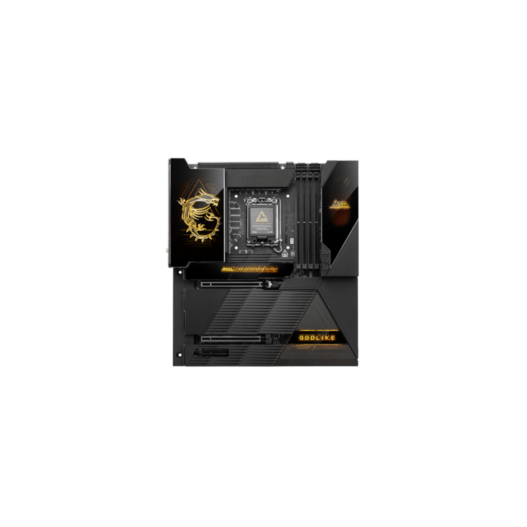 Placa base de ordenador negra con detalles dorados, logotipo MSI. Cuenta con ranuras, conectores y disipadores de calor. Aislada sobre fondo blanco.