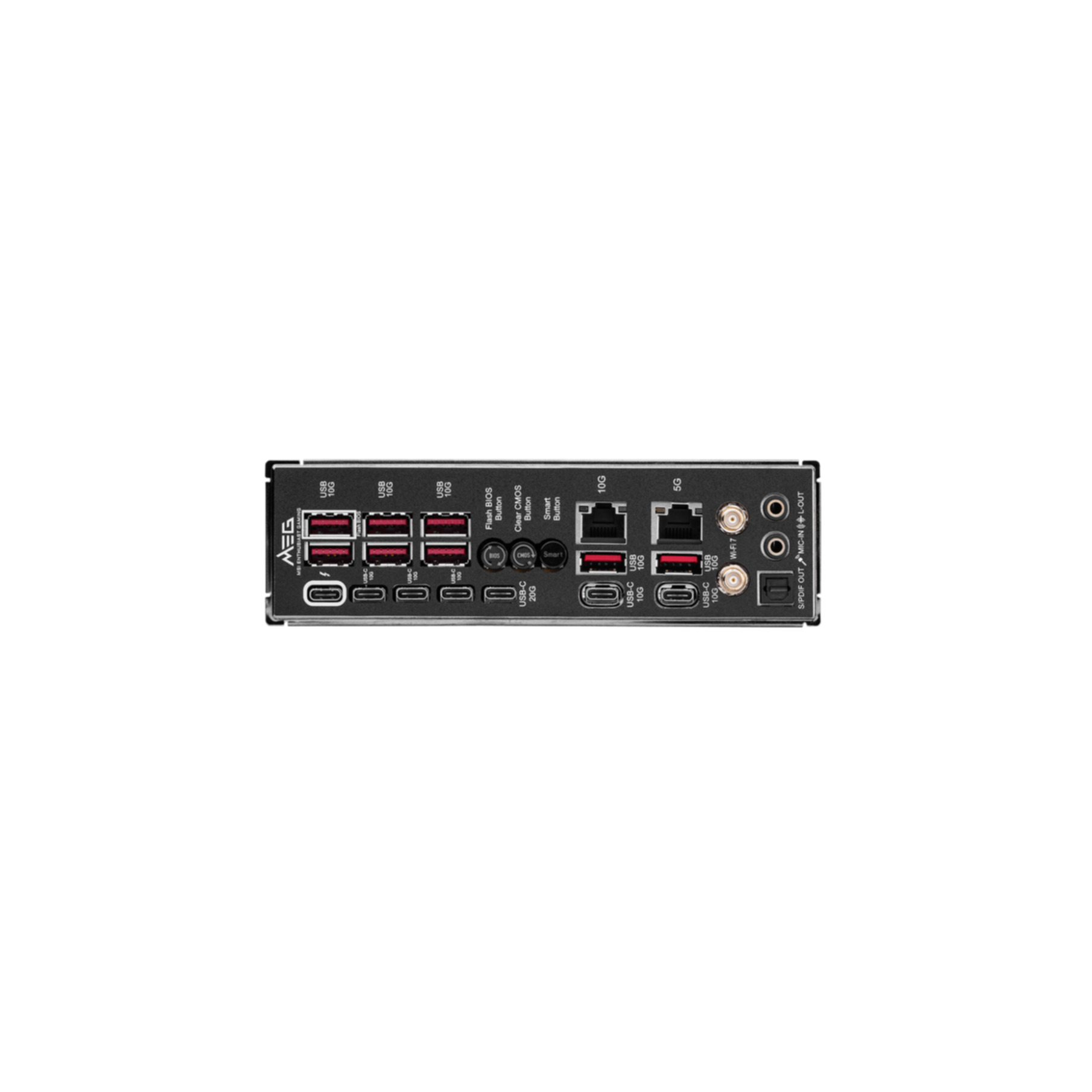 Vista trasera de una placa base con numerosos puertos y conectores, incluyendo USB, audio e interfaces de red, aislado en blanco.