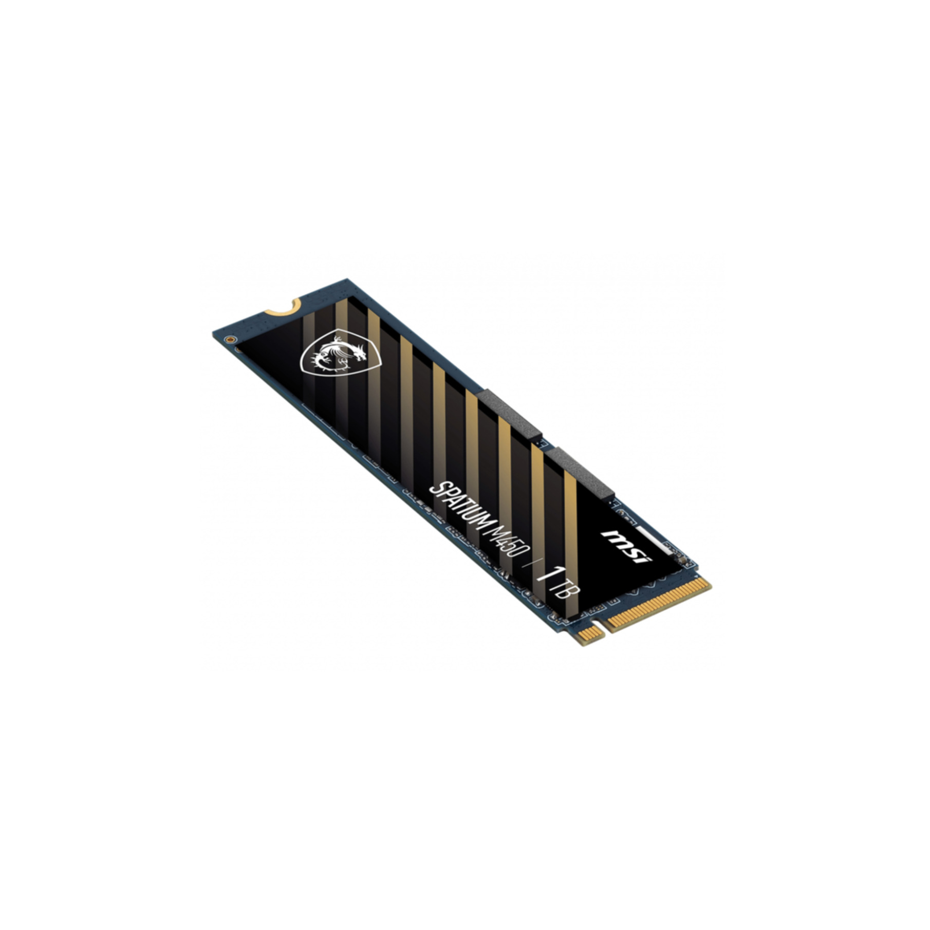 Vista angolata di un SSD MSI SPATIUM M450 1TB. L'SSD è rettangolare con strisce oro e nere. Logo MSI visibile.