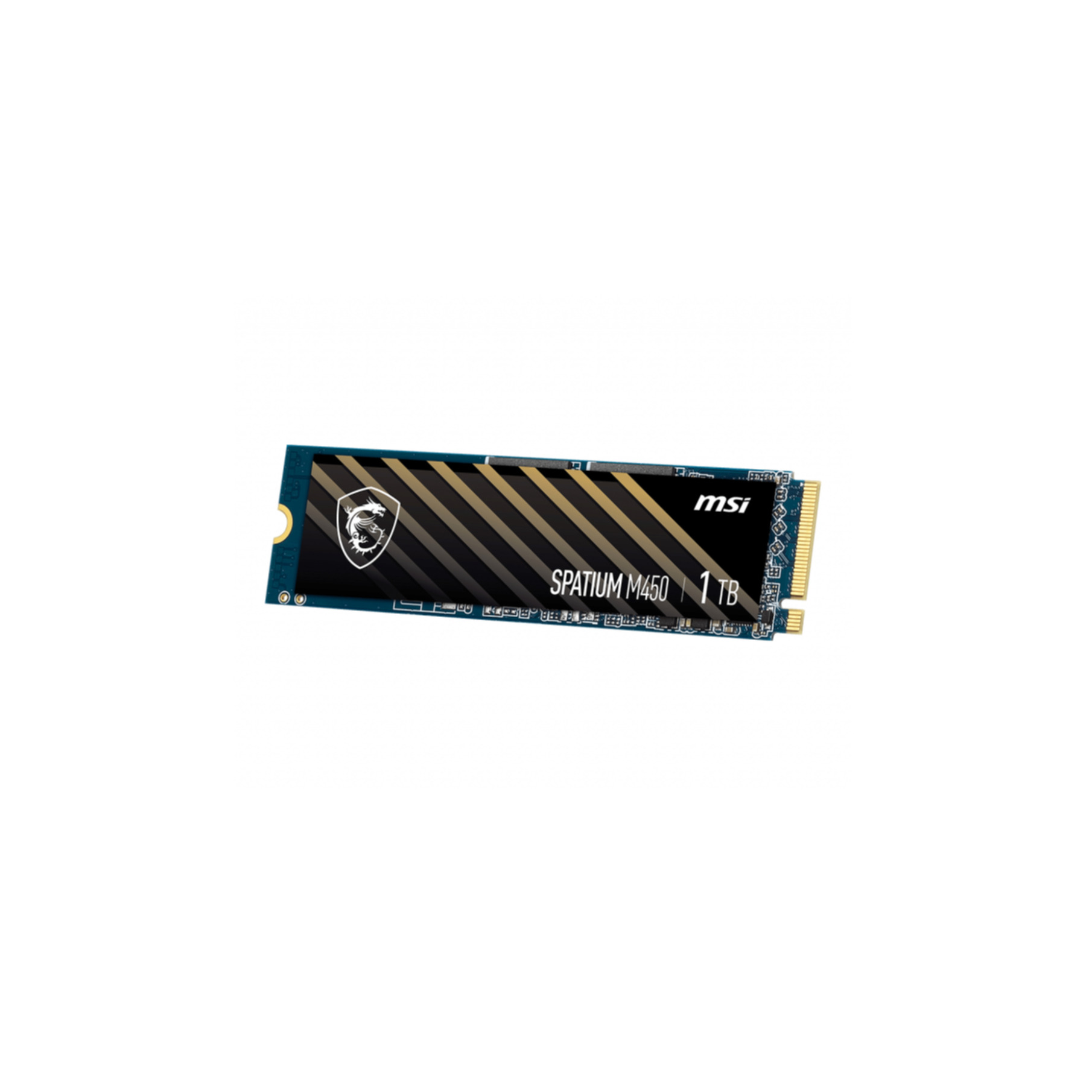 SSD MSI Spatium M450 1TB. Design nero e oro, PCB blu, logo MSI e drago. Sfondo bianco.
