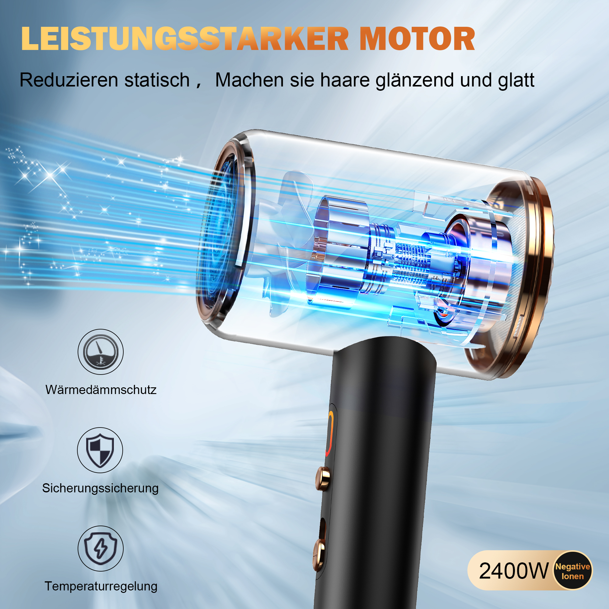 Schwarzer Haartrockner mit blauen Akzenten. Luft strömt aus dem Trockner. Text sagt leistungsstarker Motor und negative Ionen. Symbole werden angezeigt.