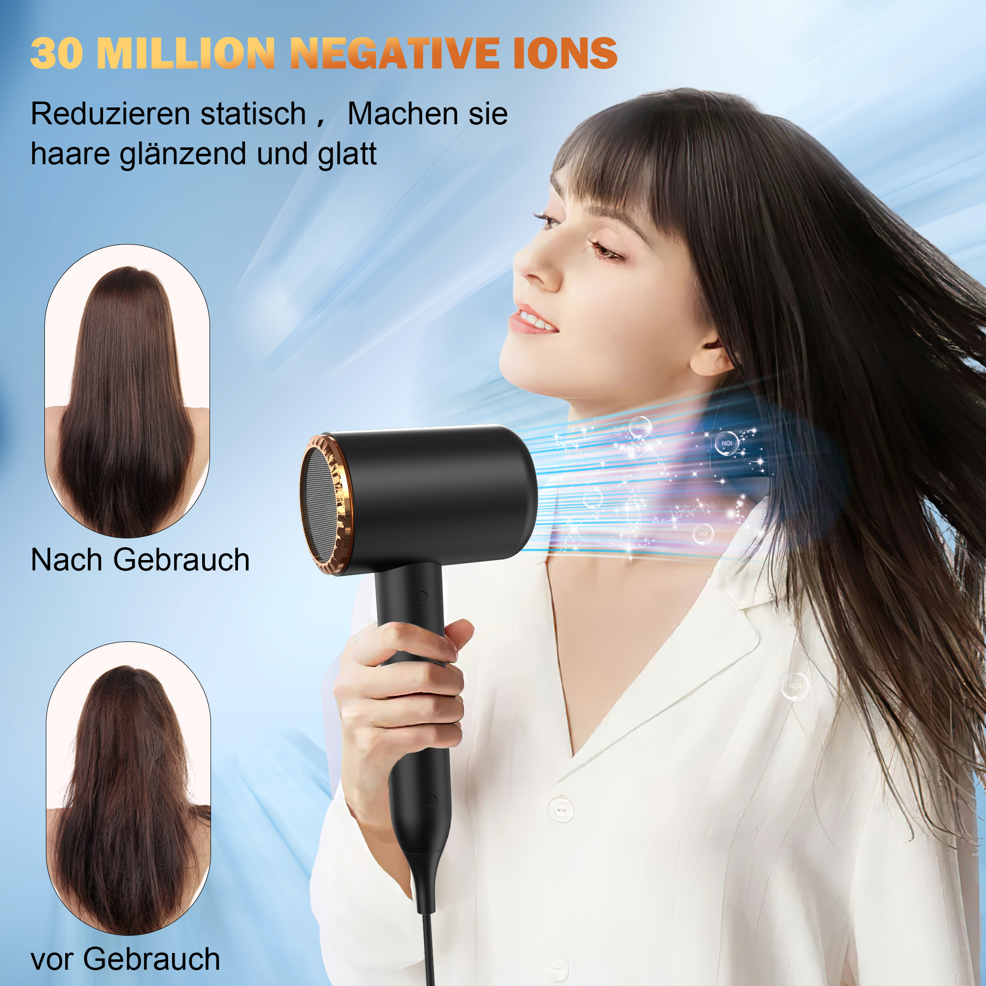 Frau benutzt einen schwarzen Haartrockner. Vorher/Nachher-Bilder zeigen den Effekt. Text: '30 Millionen negative Ionen'. Haare glatt danach.