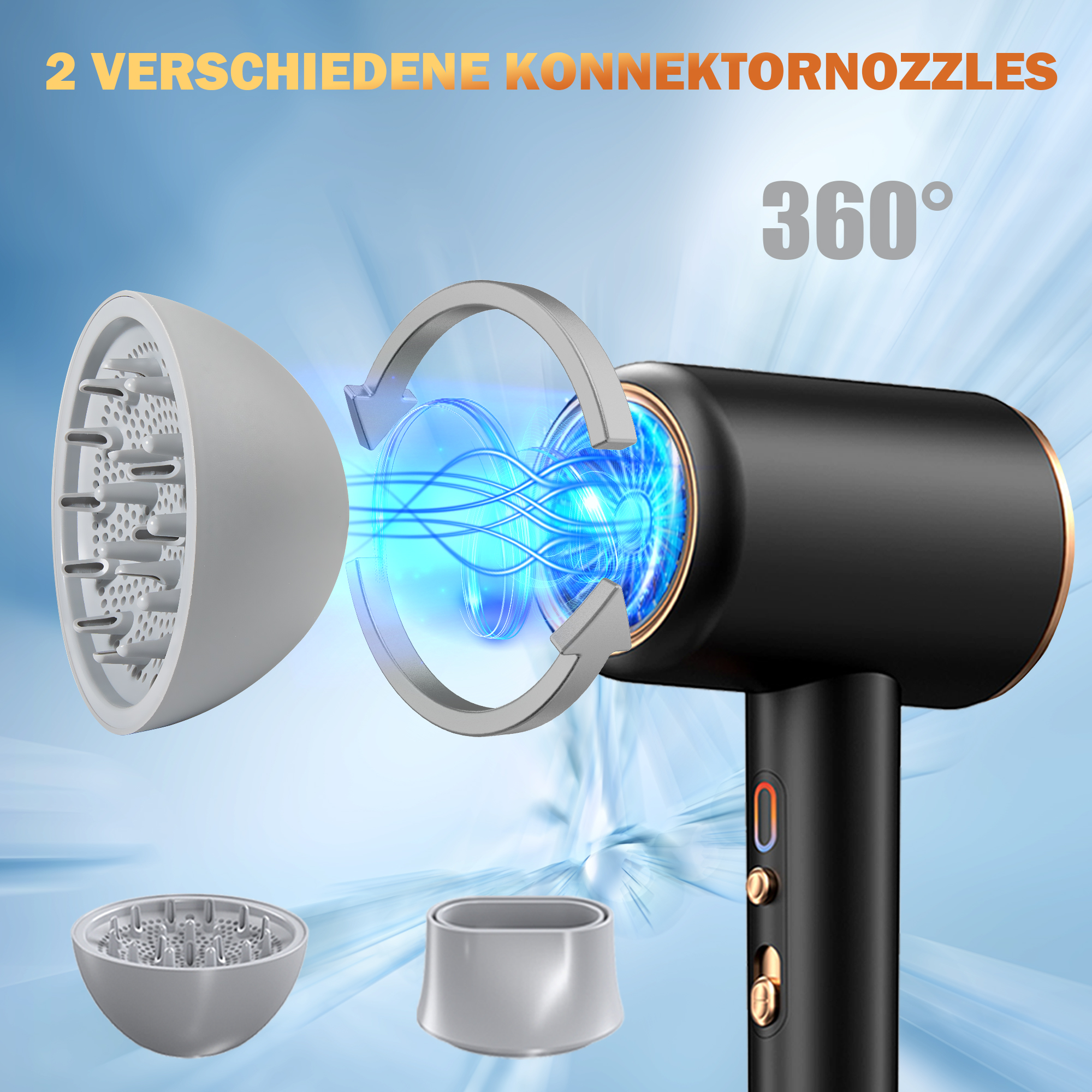 Schwarzer Haartrockner mit zwei Düsen, eine davon abgenommen. Blaue Energielinien gehen vom Kopf des Trockners aus. Text: '360°'.