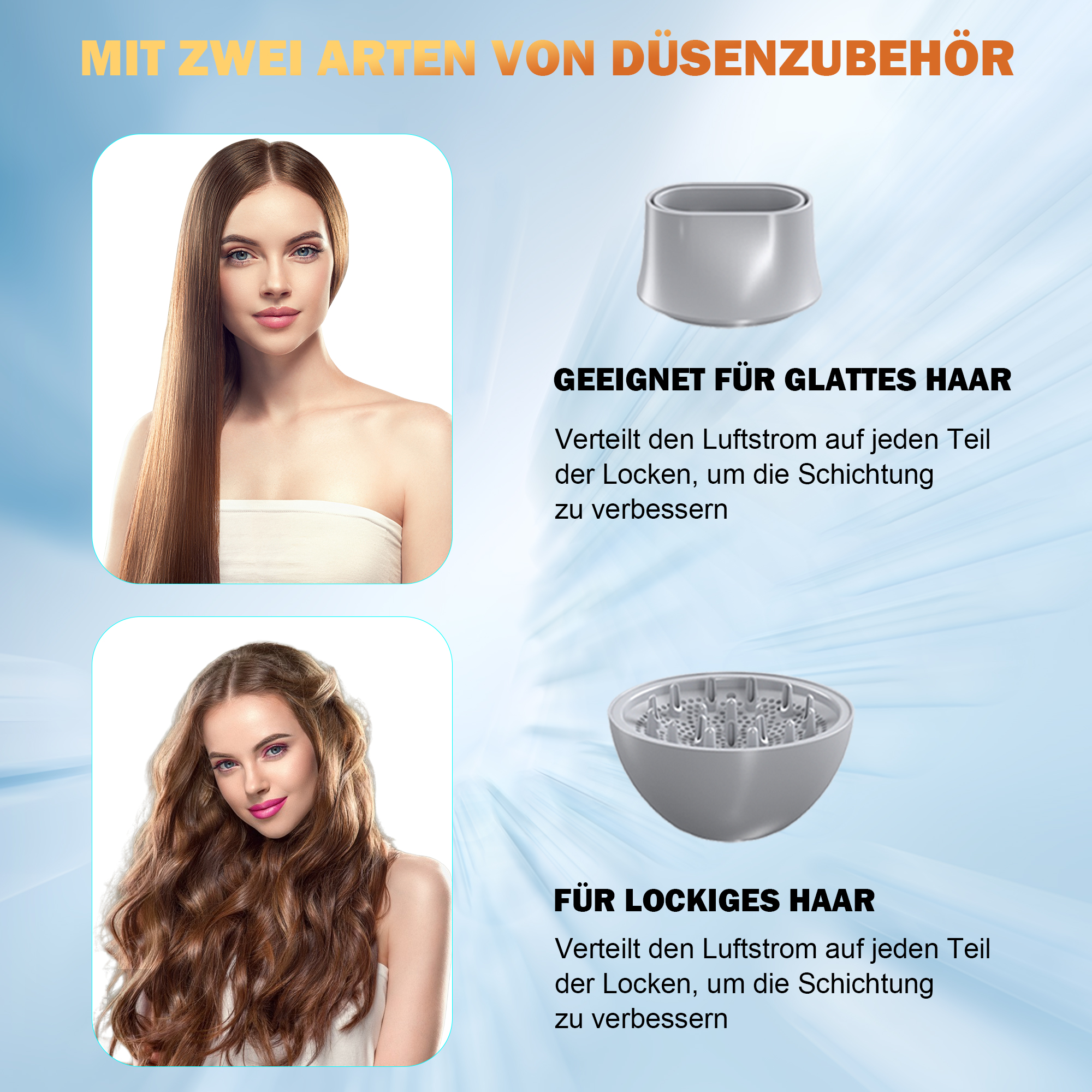 Zwei Frauen mit unterschiedlichen Frisuren. Zwei Haartrockneraufsätze werden gezeigt. Text sagt geeignet für glattes oder lockiges Haar.