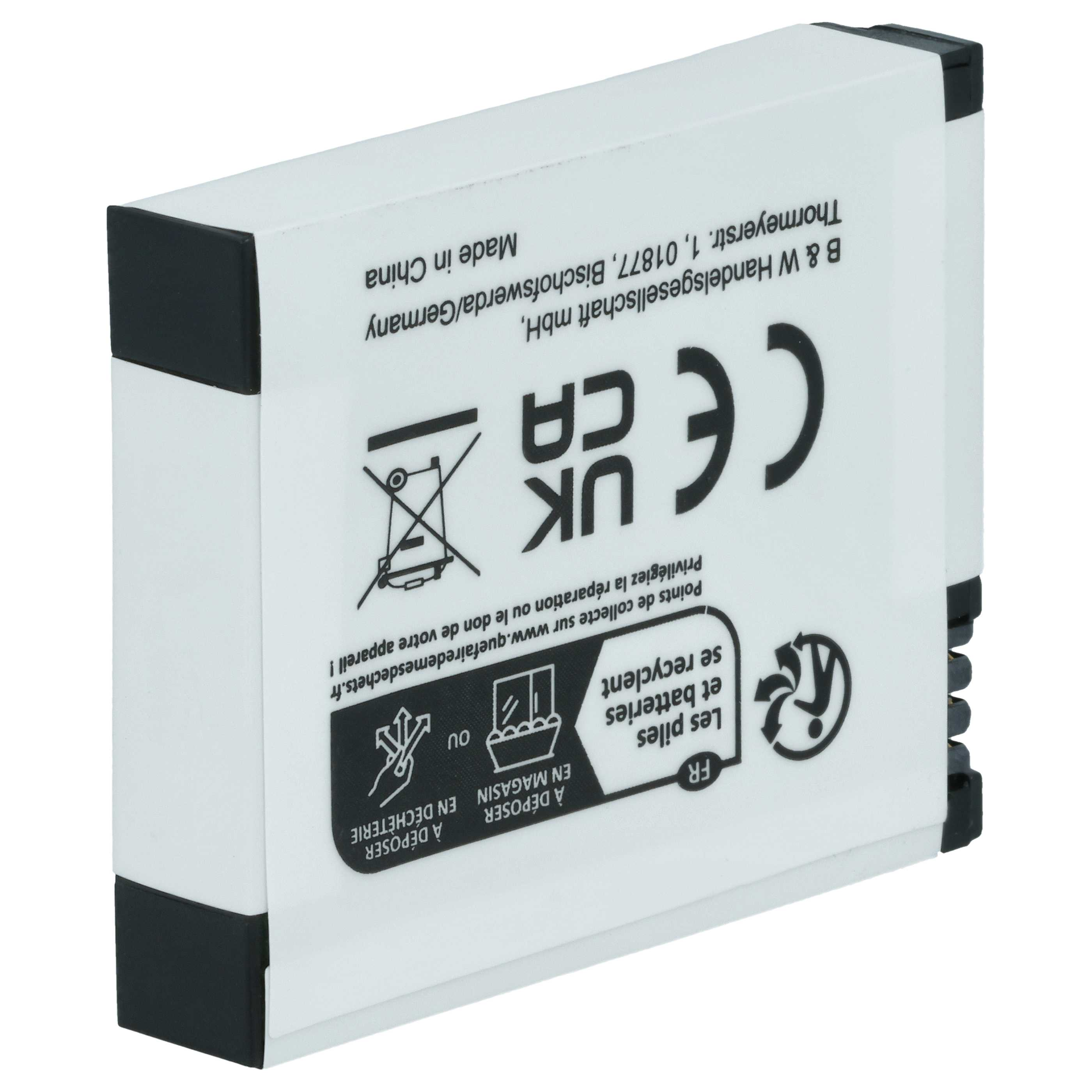 Ein weißes Batterieetikett mit Text. Logos und Recycling-Informationen sind sichtbar. Text gibt Warnungen an.
