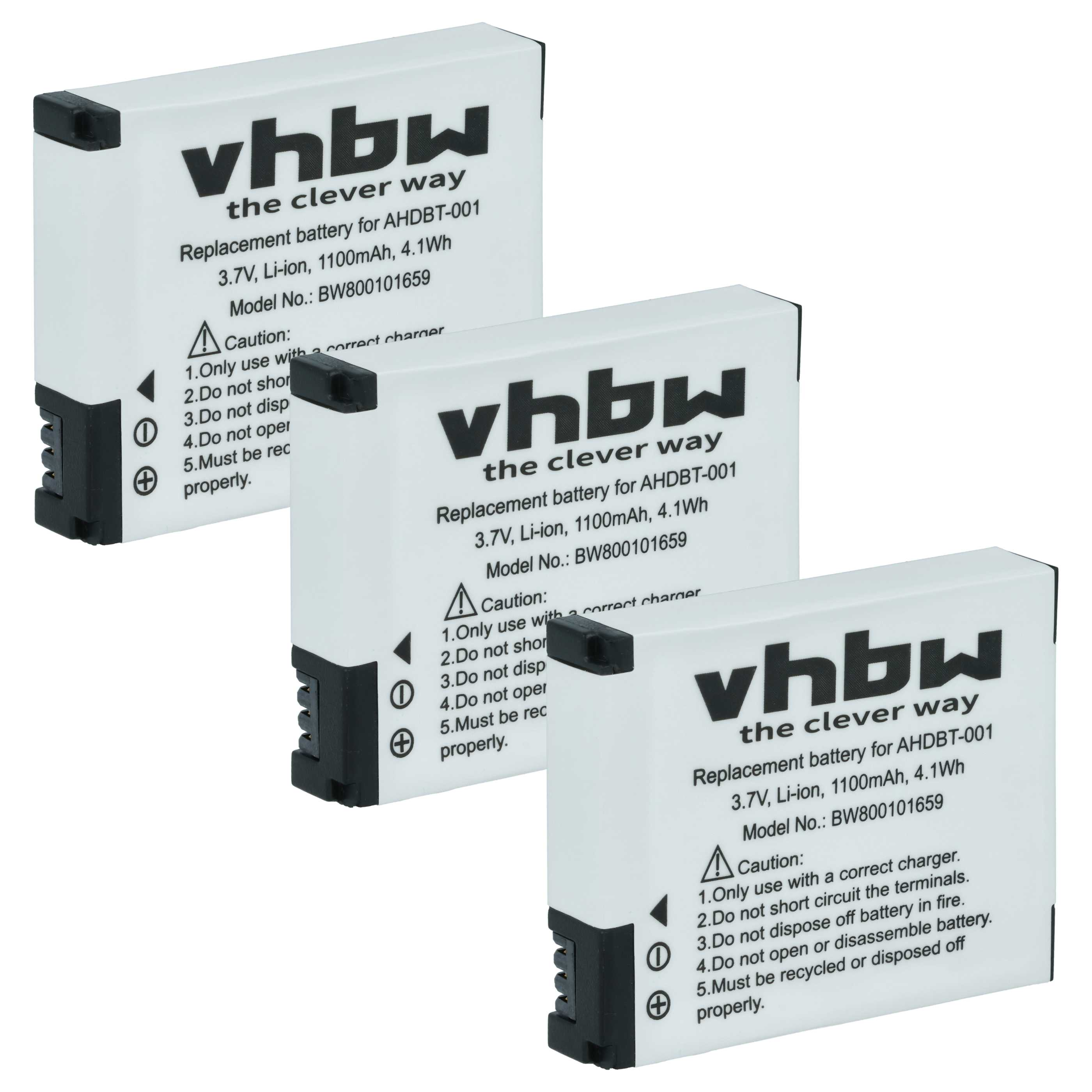 Drei weiße Batterien mit schwarzem Text. Oben steht 'vhbw'. Text gibt Spezifikationen und Warnungen an.