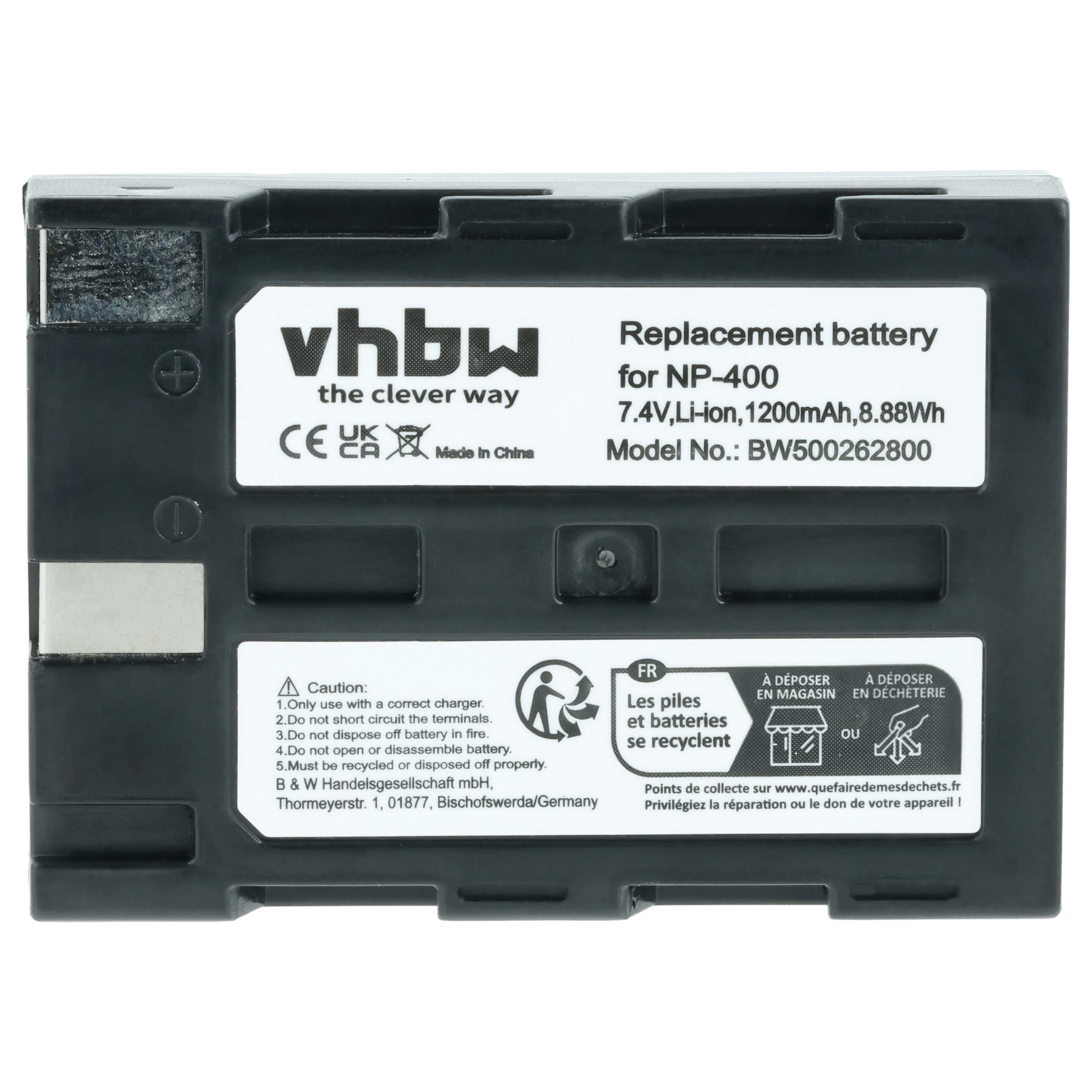 Eine schwarze Batterie mit weißem Text. 'vhbw' steht oben. Text gibt den Batterietyp und Warnungen an.