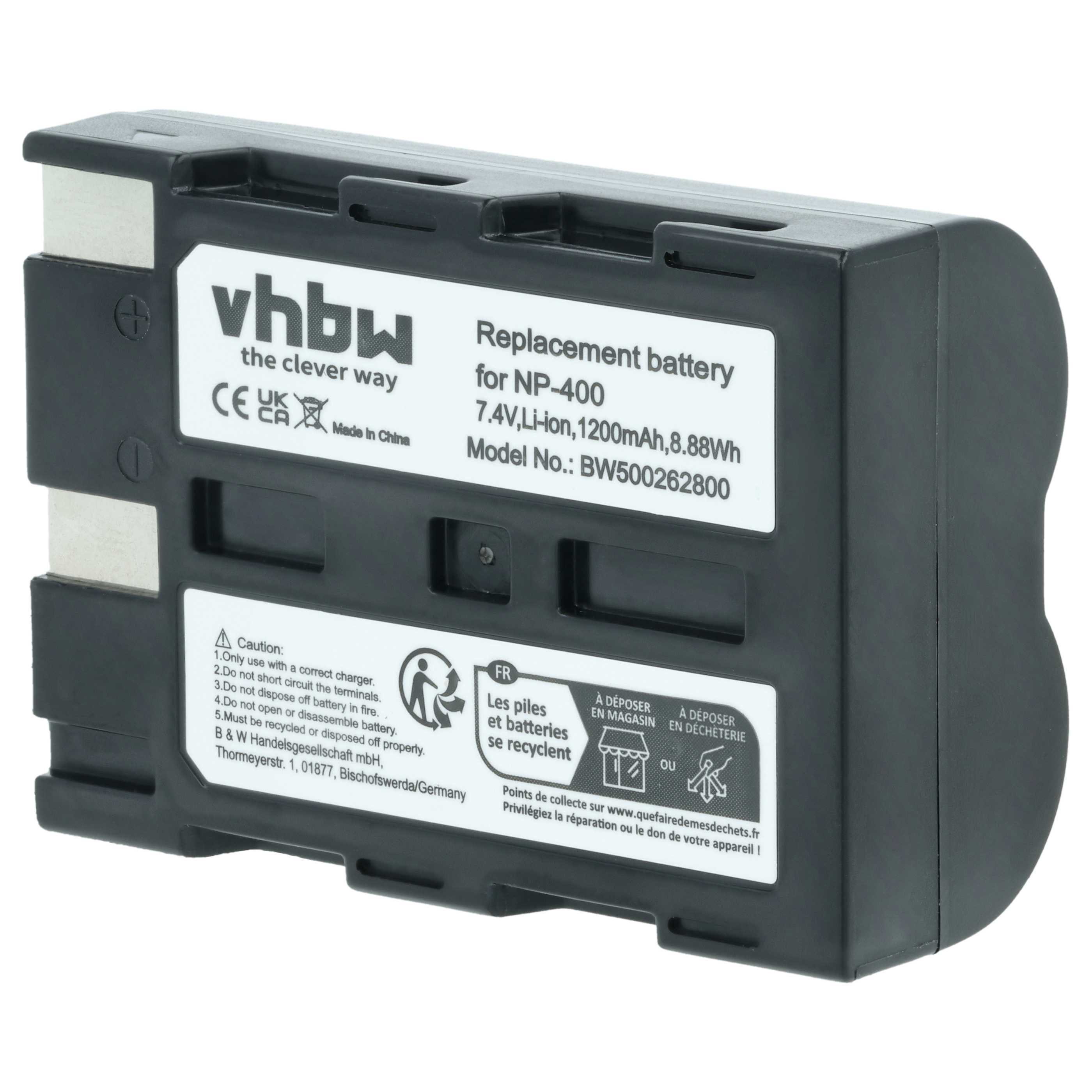 Schwarze Batterie mit weißem Text. 'vhbw' steht oben. Text gibt Batterietyp und Warnungen an.