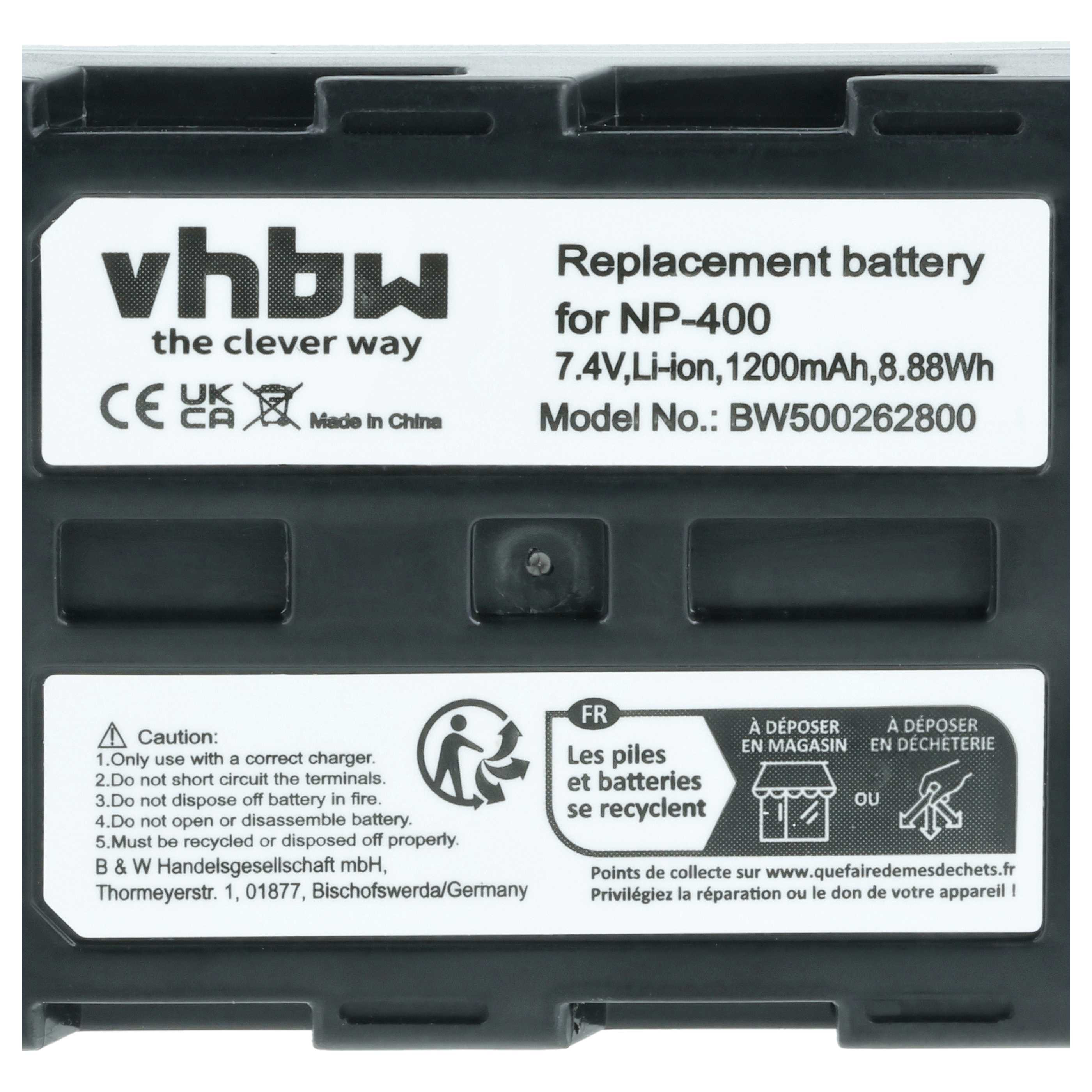 Schwarze Batterie mit weißem Text. 'vhbw' steht oben. Text gibt den Batterietyp und Warnungen an.