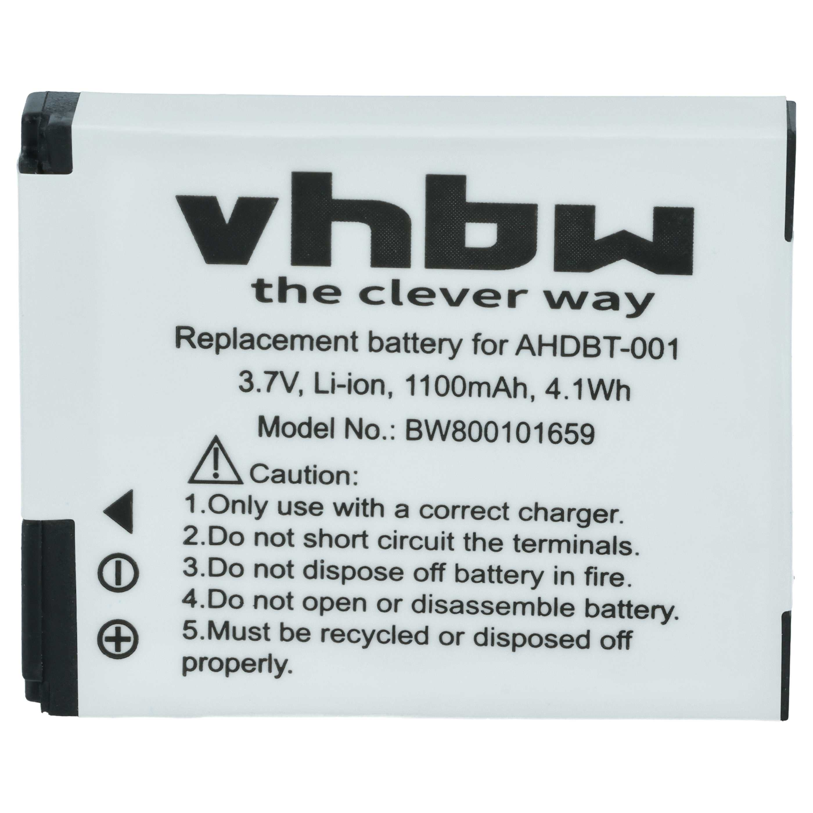 Weiße Batterie mit schwarzem Text. Oben steht 'vhbw'. Text gibt Spezifikationen und Warnungen an.