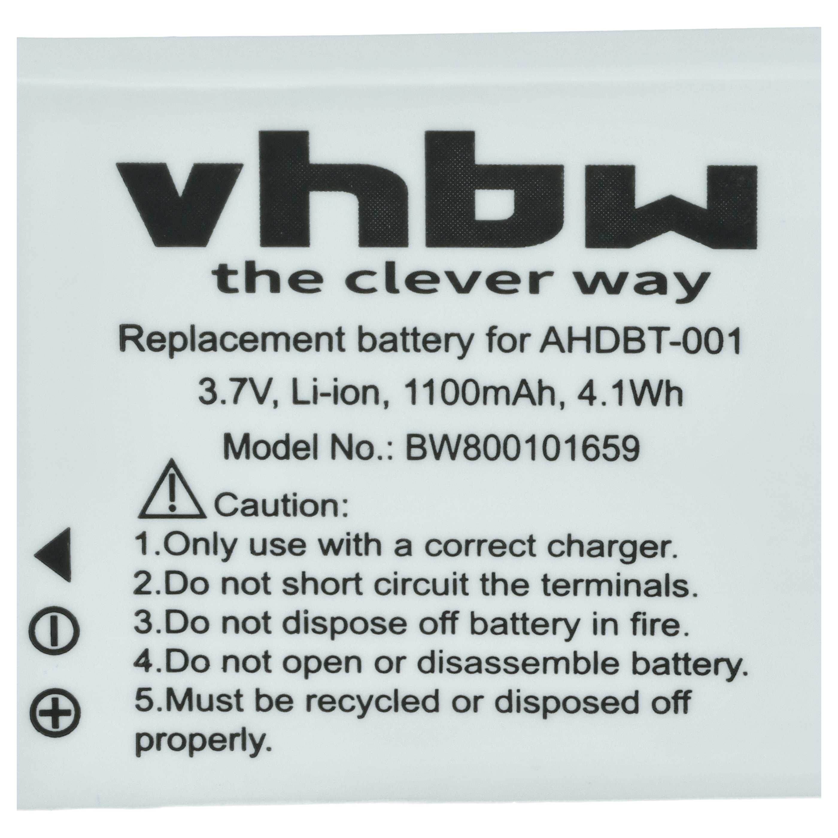 Weiße Batterie mit schwarzem Text. 'vhbw' steht oben. Text gibt Spezifikationen und Warnungen an.