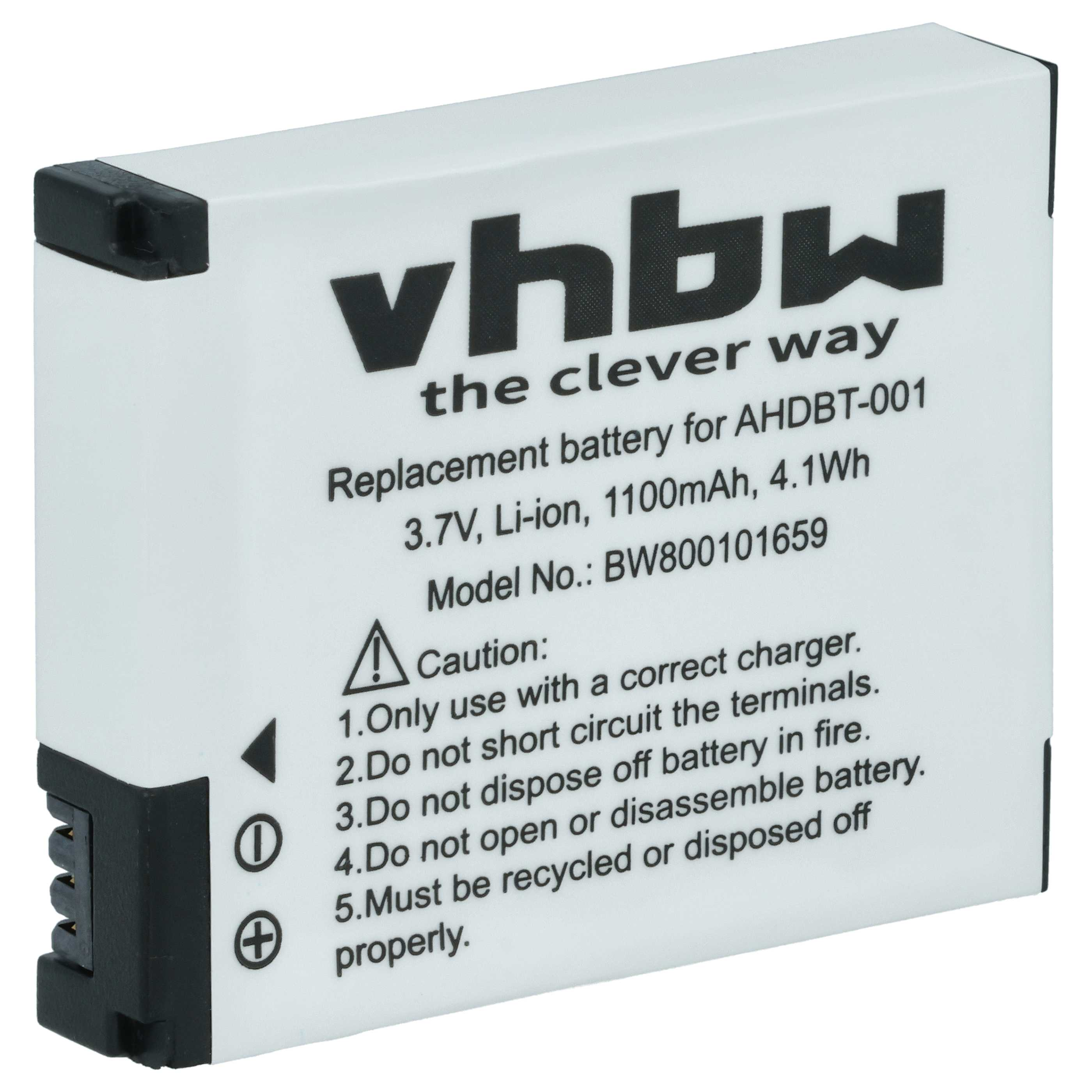 Weiße Batterie mit schwarzem Text. 'vhbw' steht oben. Text gibt Spezifikationen und Warnungen an.