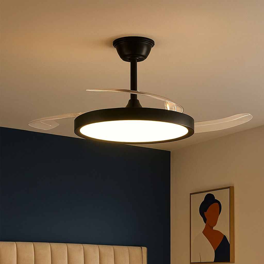 Ventilatore a soffitto con luce. Montatura nera, due pale curve e una luce circolare. Muro blu e un dipinto.