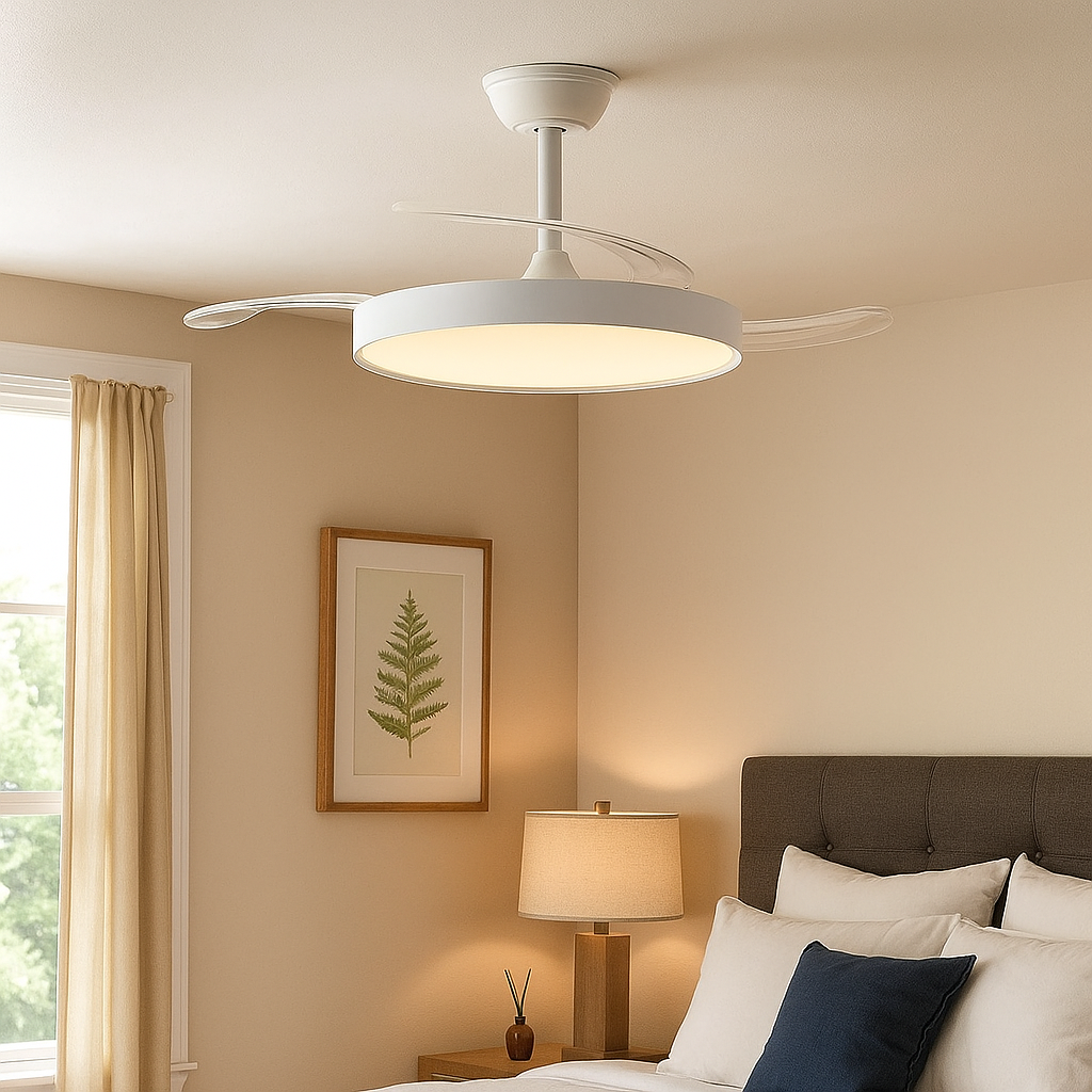Plafondventilator met licht aan. Witte armatuur, gebogen bladen en een cirkelvormig licht. Een bed en een schilderij zijn zichtbaar.