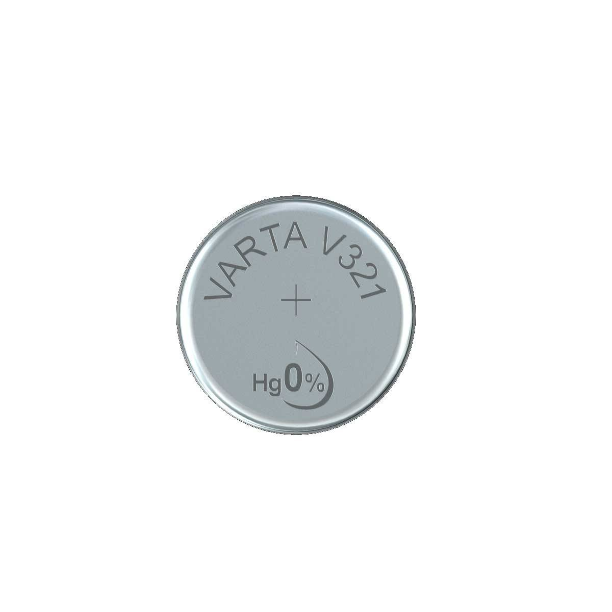 Een zilveren Varta V321 knoopcelbatterij met 'VARTA', 'V321', een plusteken en 'Hg 0%' erop gedrukt.