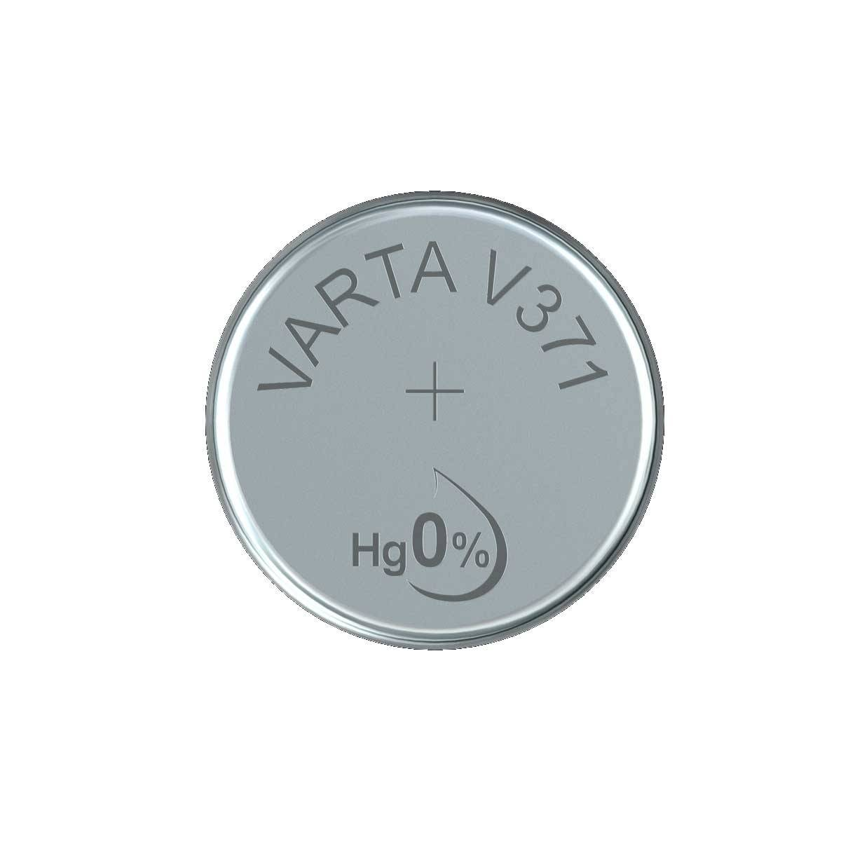 Srebrna bateria guzikowa Varta V371 z nadrukiem 'VARTA', 'V371', znakiem plus i 'Hg 0%'.